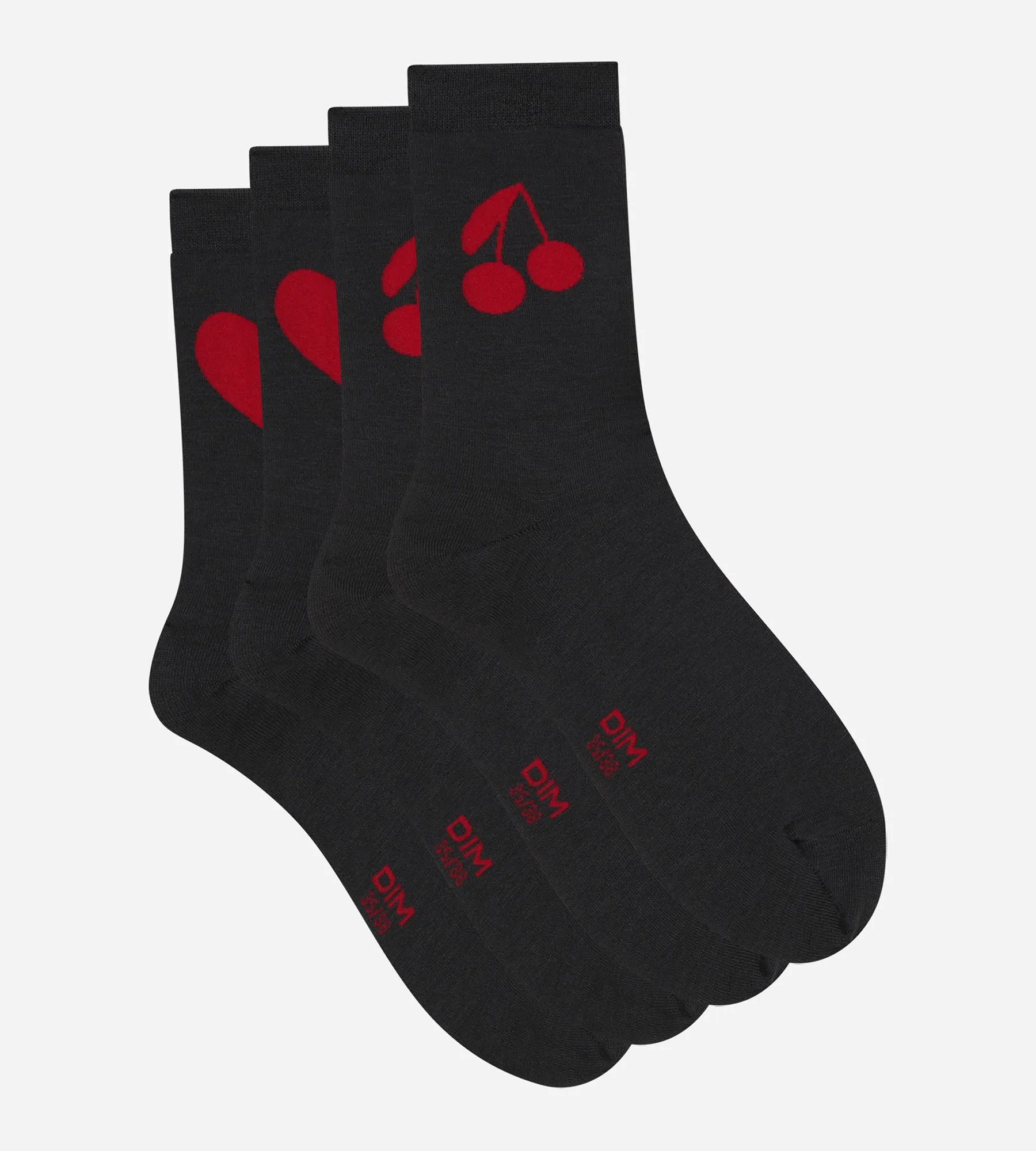 Dim Bamboo heart and cherry pattern socks for women. Dark Grey