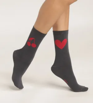 Dim Bamboo heart and cherry pattern socks for women. Dark Grey