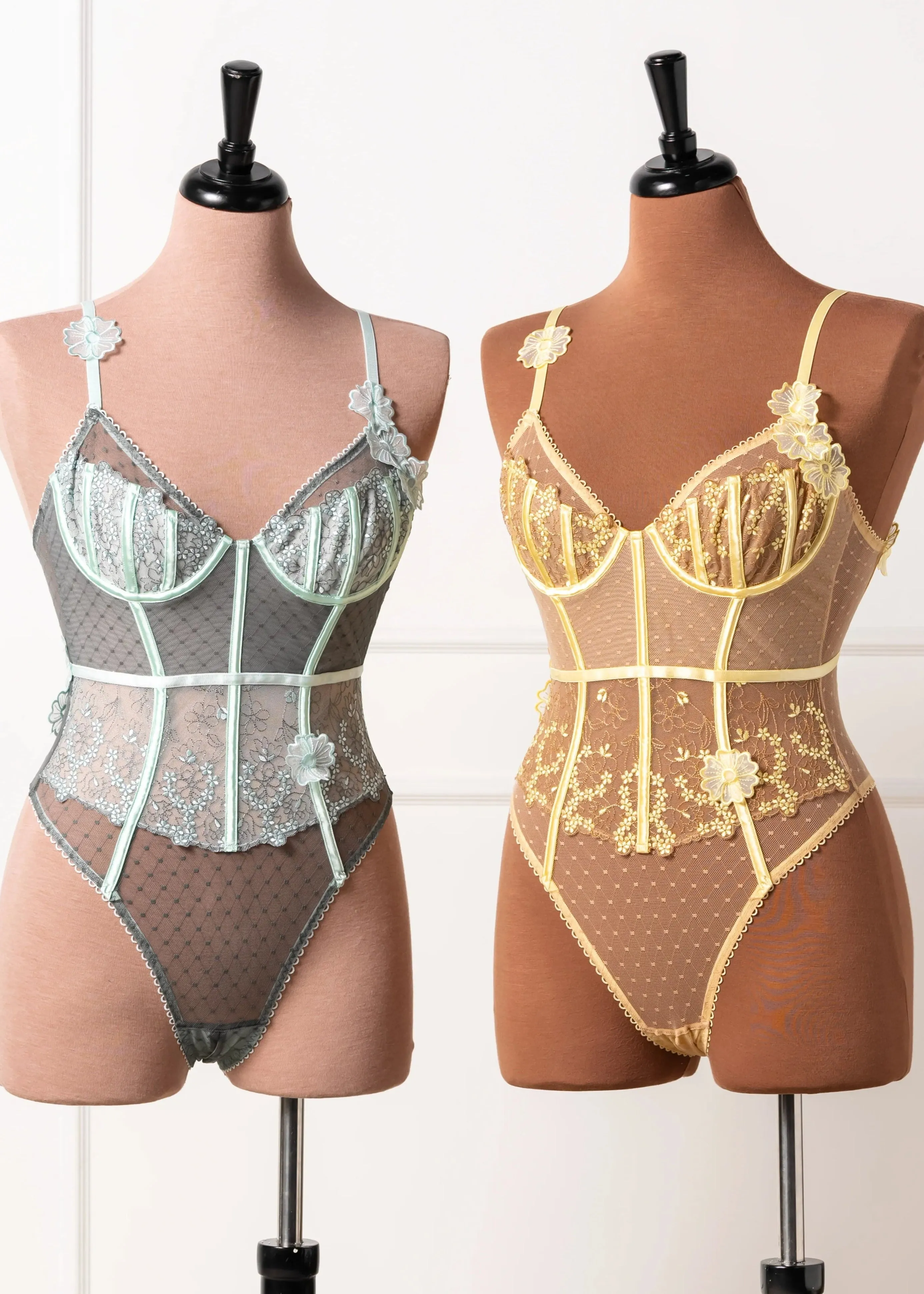 Embroidered Appliqué Crotchless Teddy - Lemon Chiffon