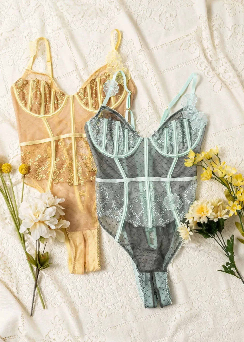 Embroidered Appliqué Crotchless Teddy - Lemon Chiffon