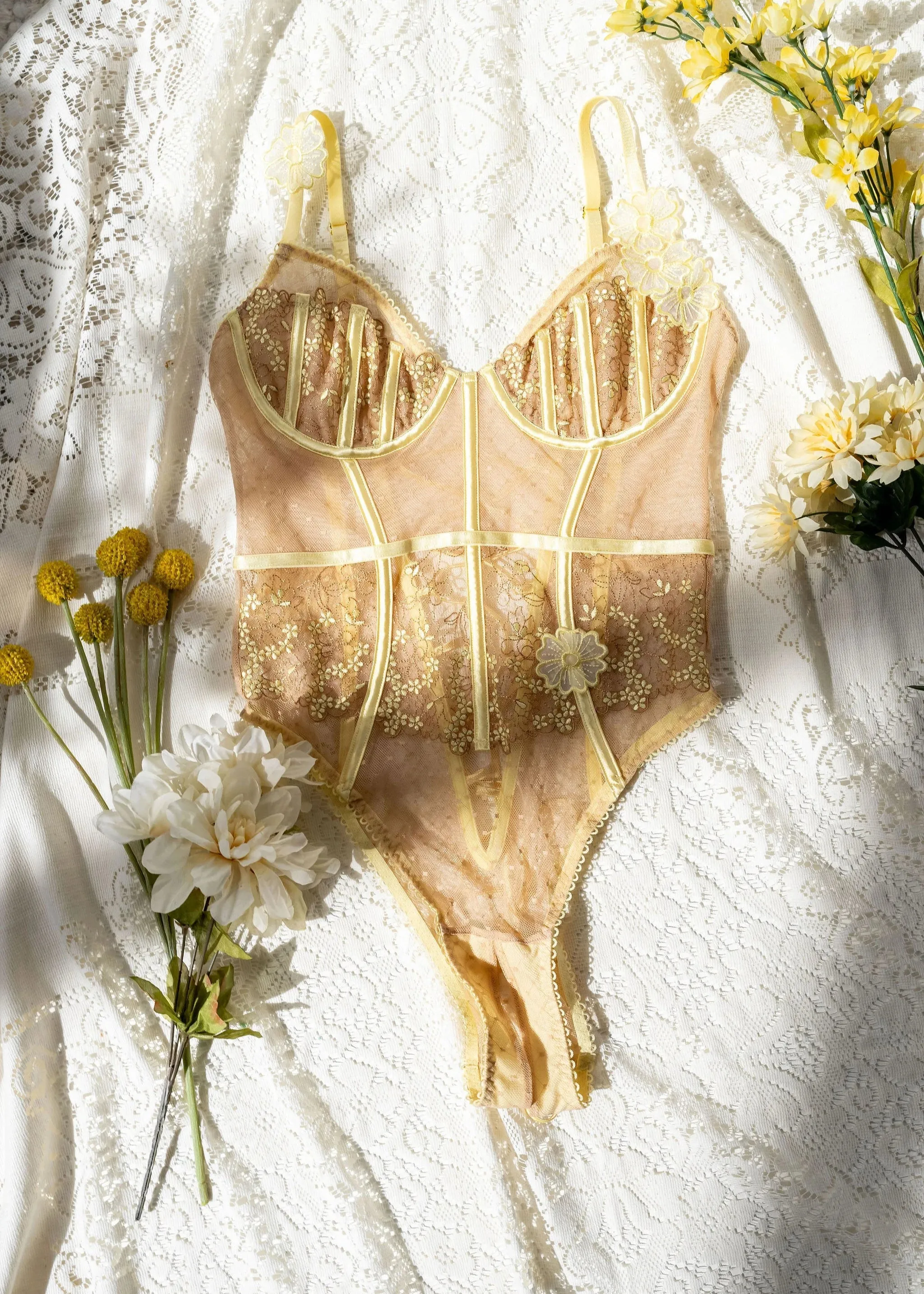 Embroidered Appliqué Crotchless Teddy - Lemon Chiffon