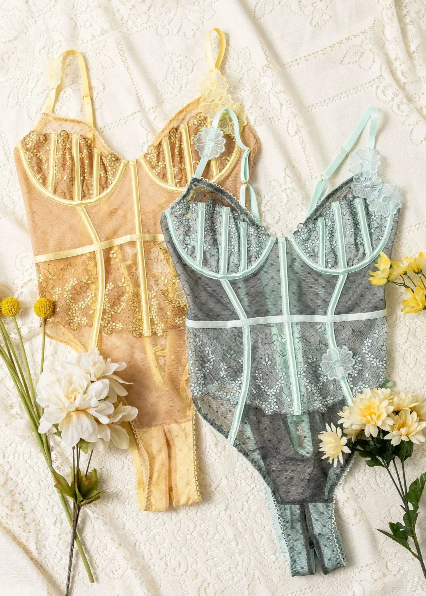 Embroidered Appliqué Crotchless Teddy - Lemon Chiffon