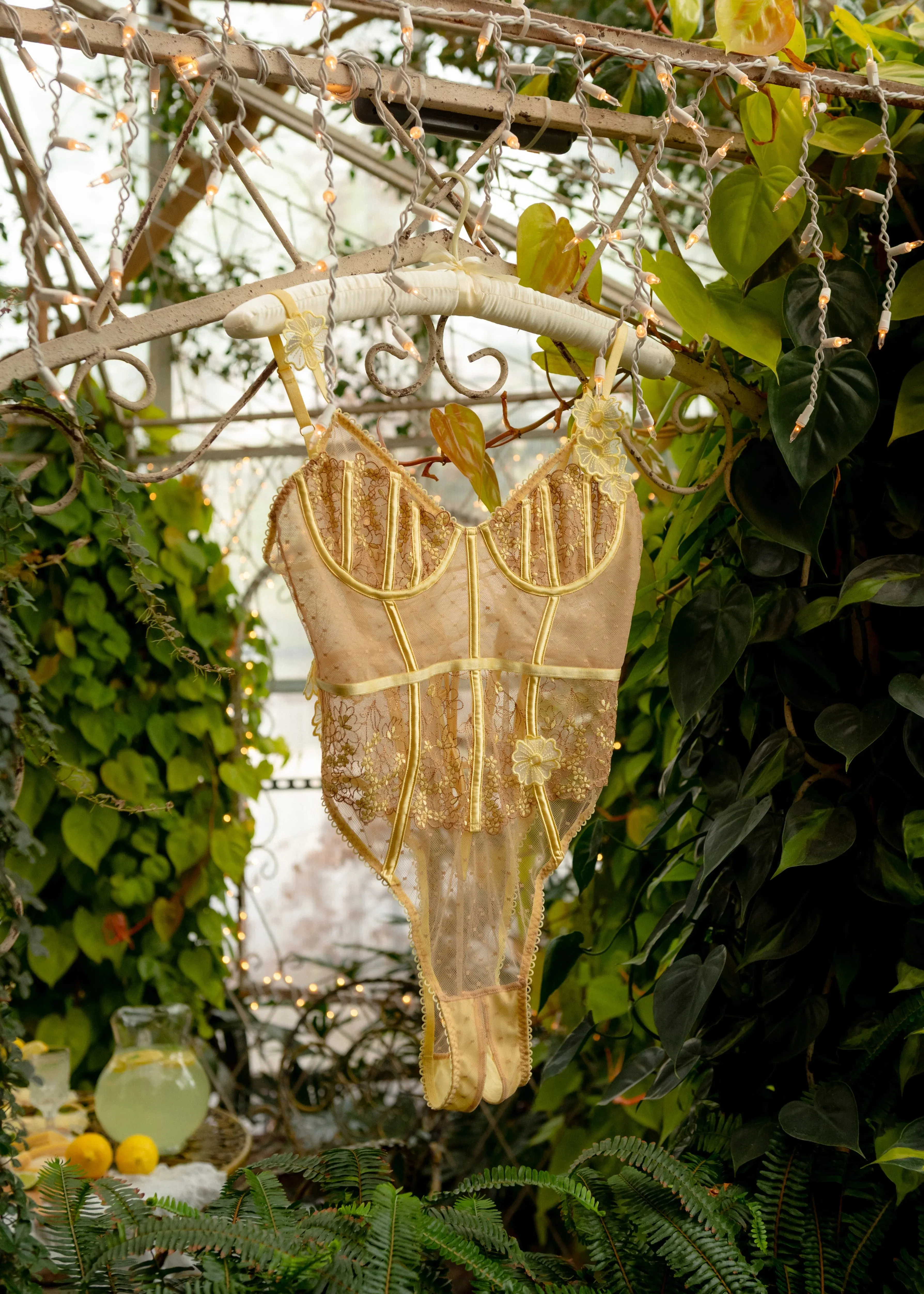Embroidered Appliqué Crotchless Teddy - Lemon Chiffon