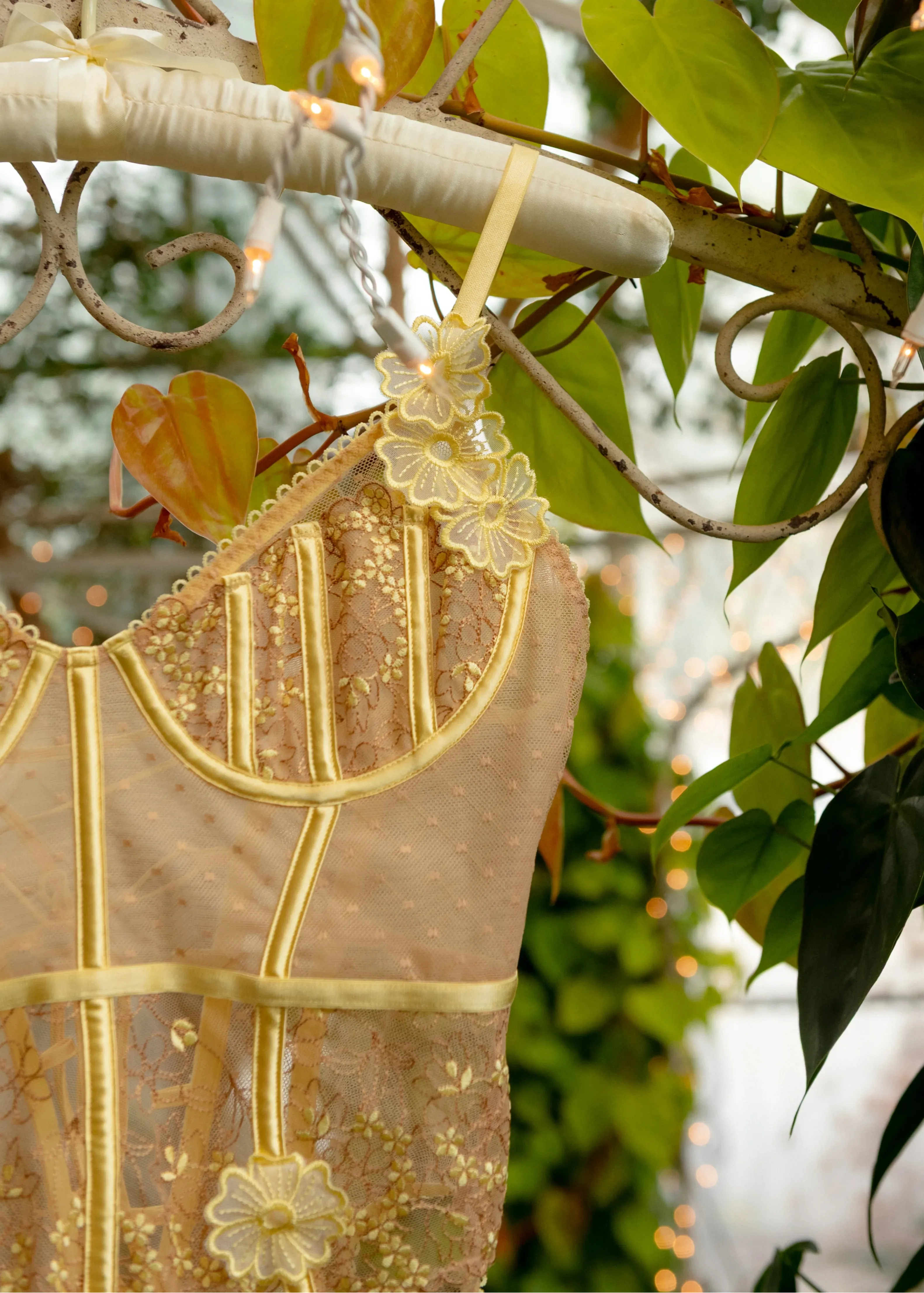 Embroidered Appliqué Crotchless Teddy - Lemon Chiffon