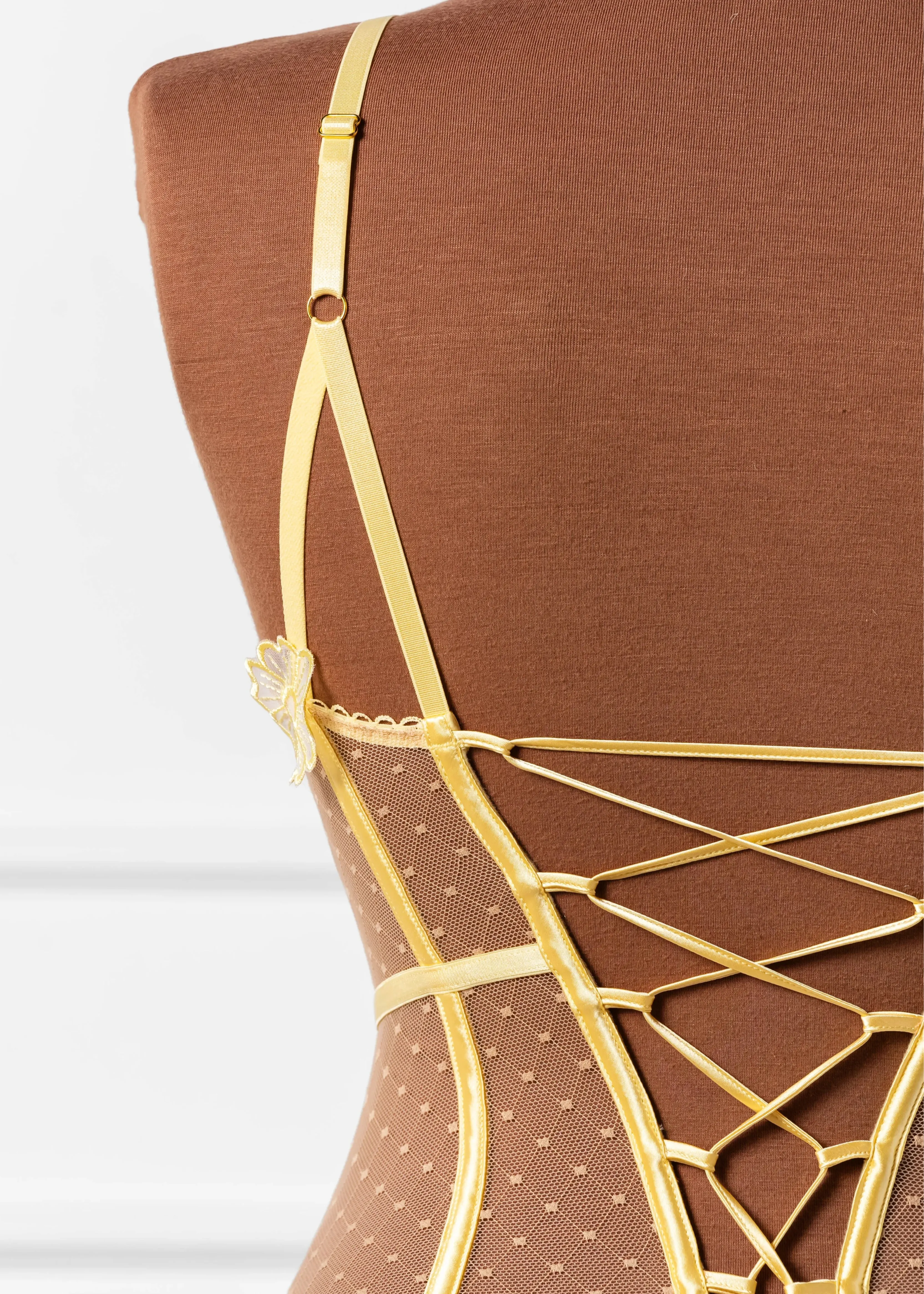 Embroidered Appliqué Crotchless Teddy - Lemon Chiffon