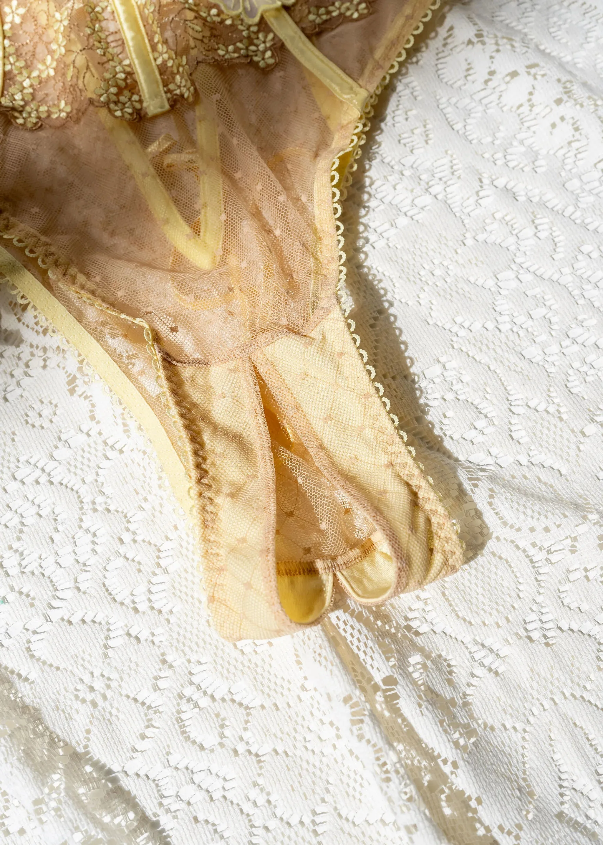 Embroidered Appliqué Crotchless Teddy - Lemon Chiffon