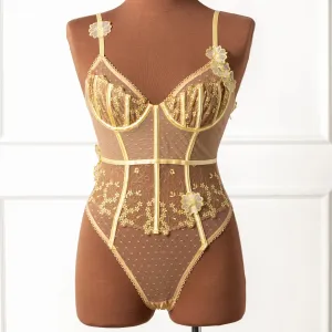Embroidered Appliqué Crotchless Teddy - Lemon Chiffon
