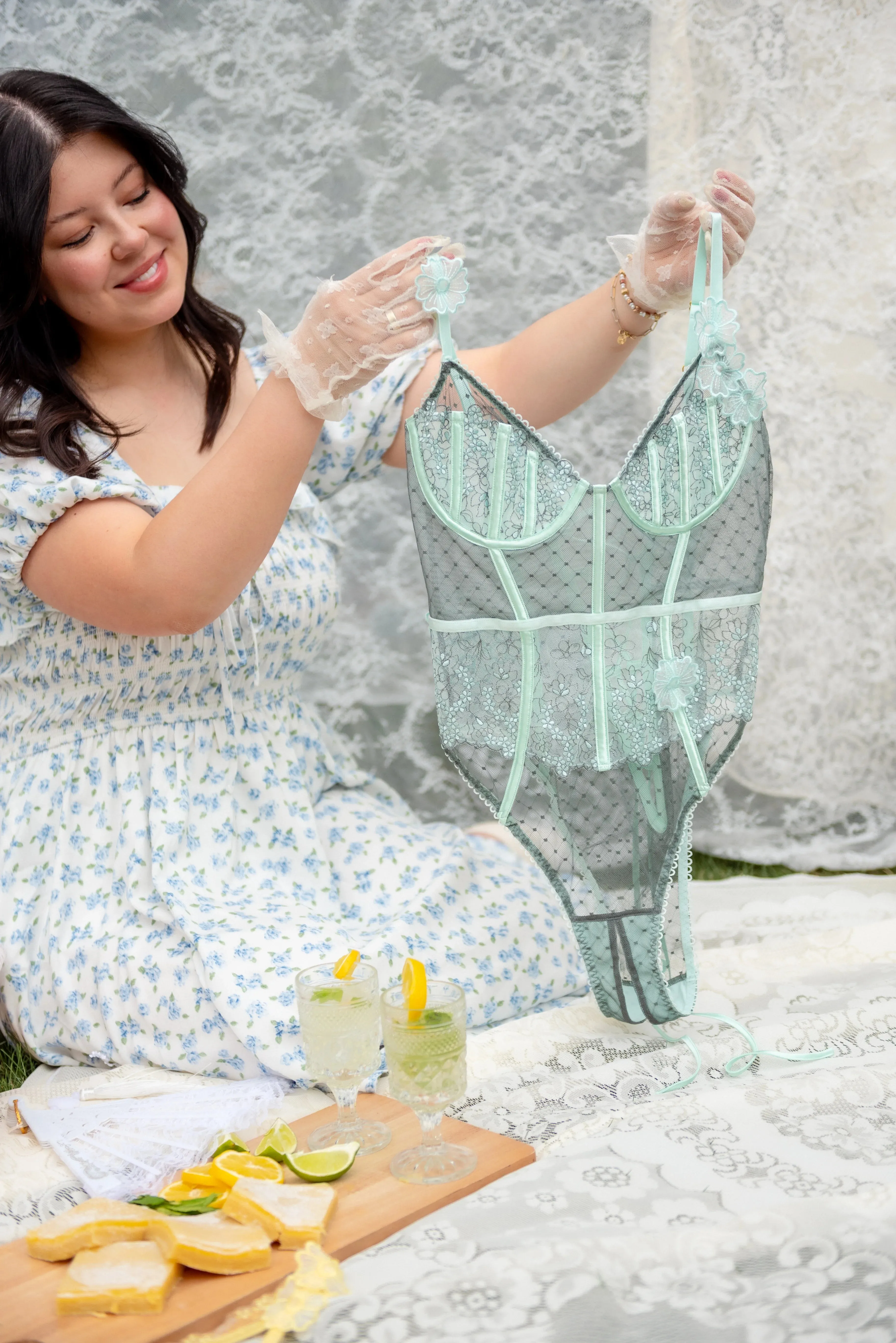 Embroidered Appliqué Crotchless Teddy - Mint Julep