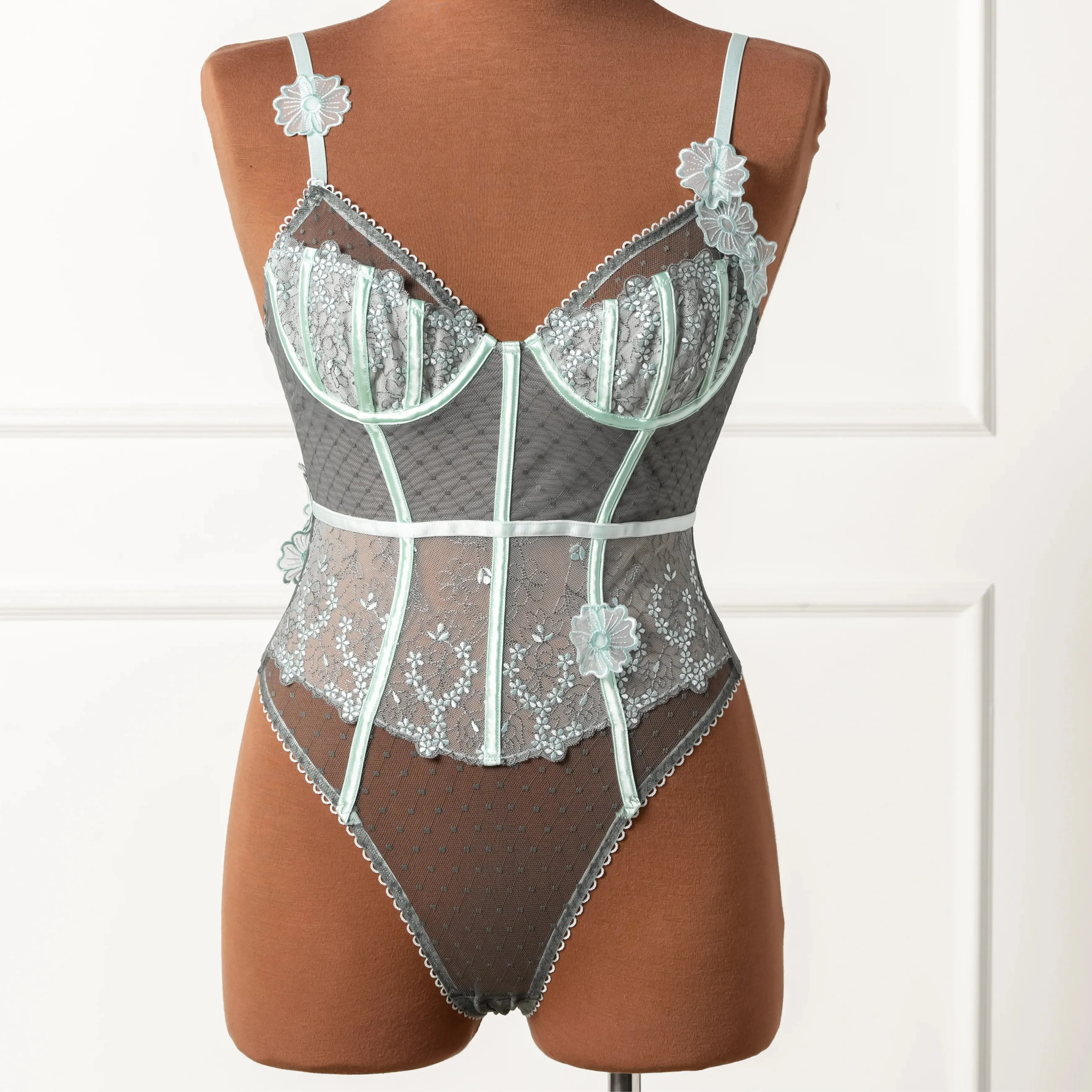 Embroidered Appliqué Crotchless Teddy - Mint Julep