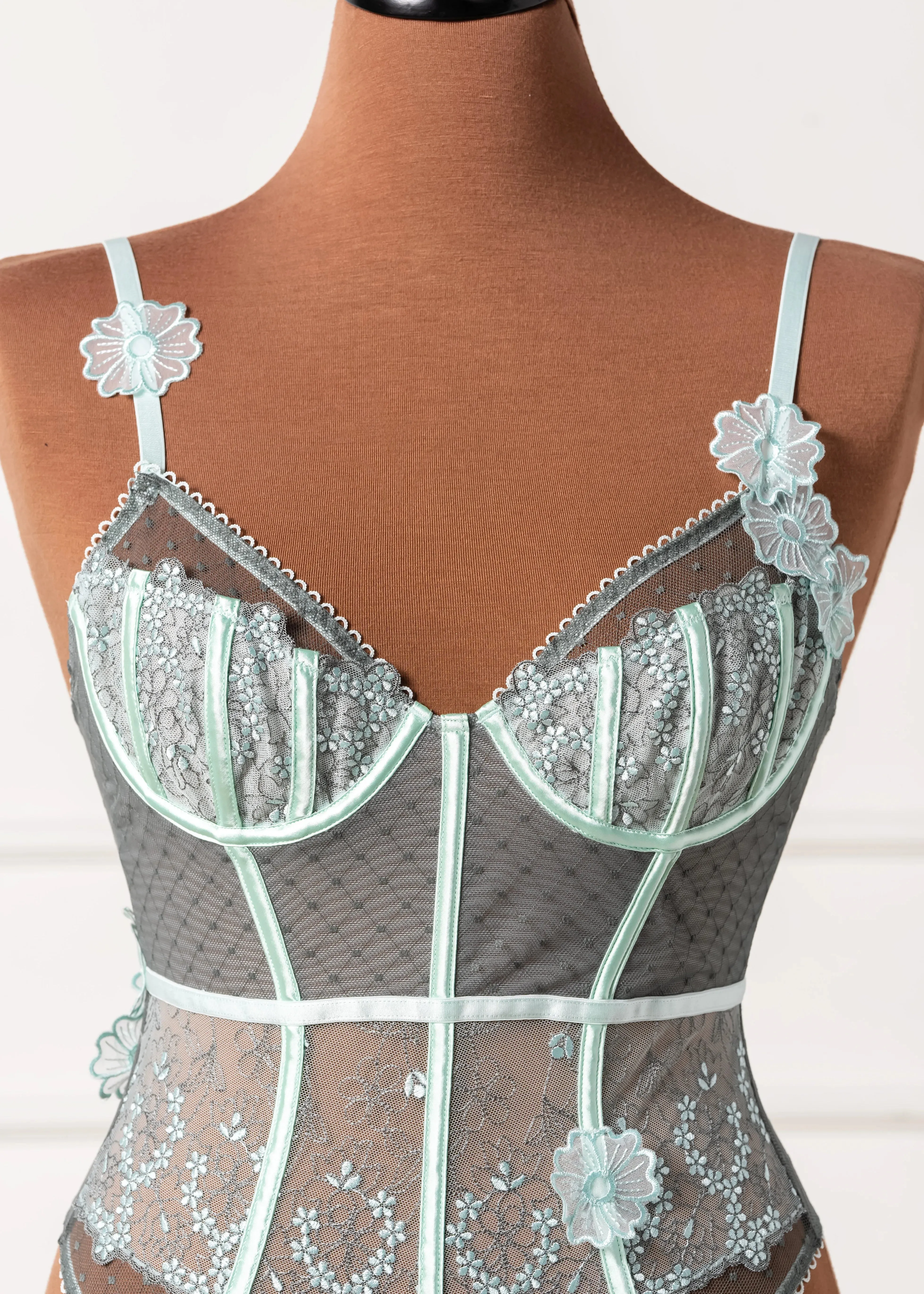 Embroidered Appliqué Crotchless Teddy - Mint Julep