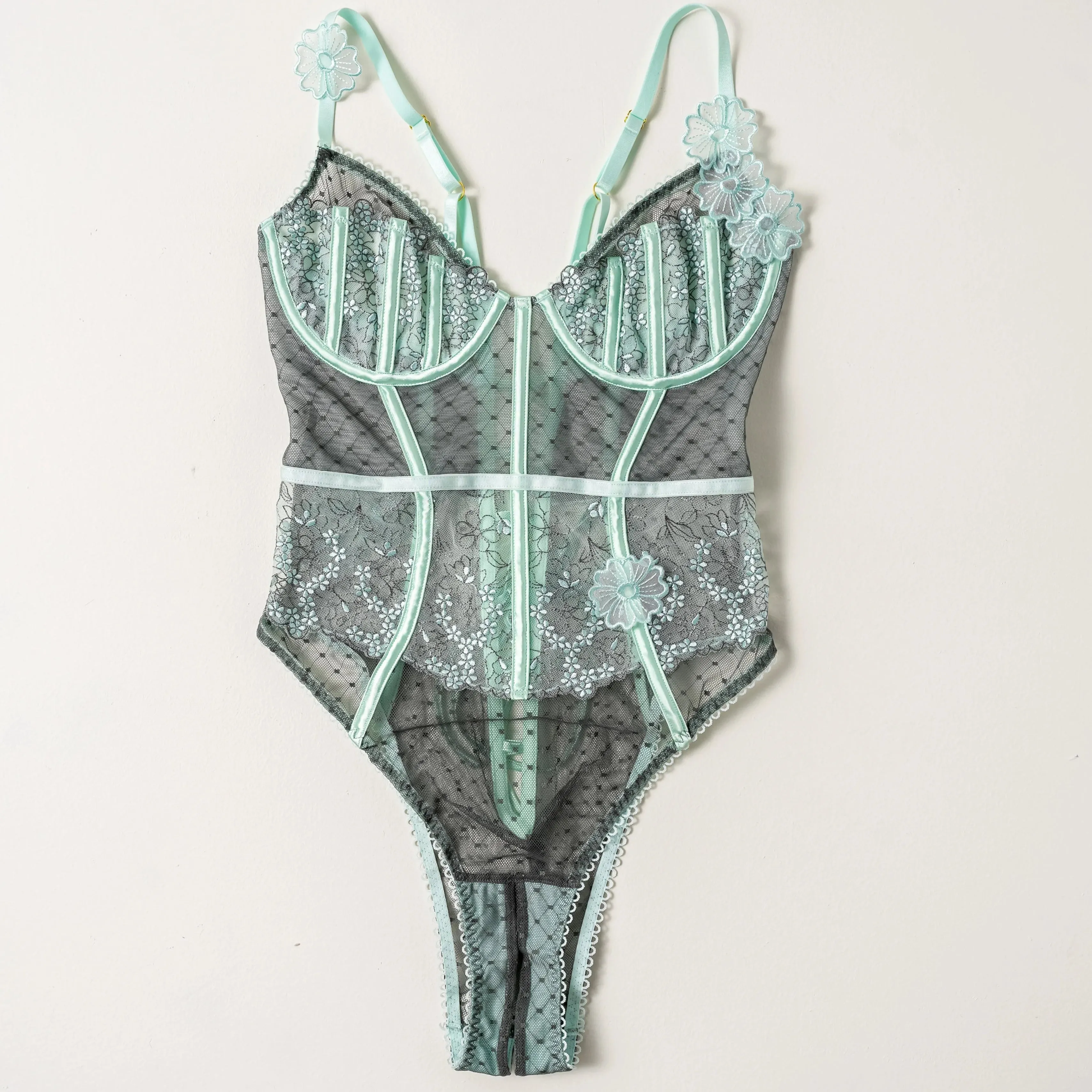 Embroidered Appliqué Crotchless Teddy - Mint Julep
