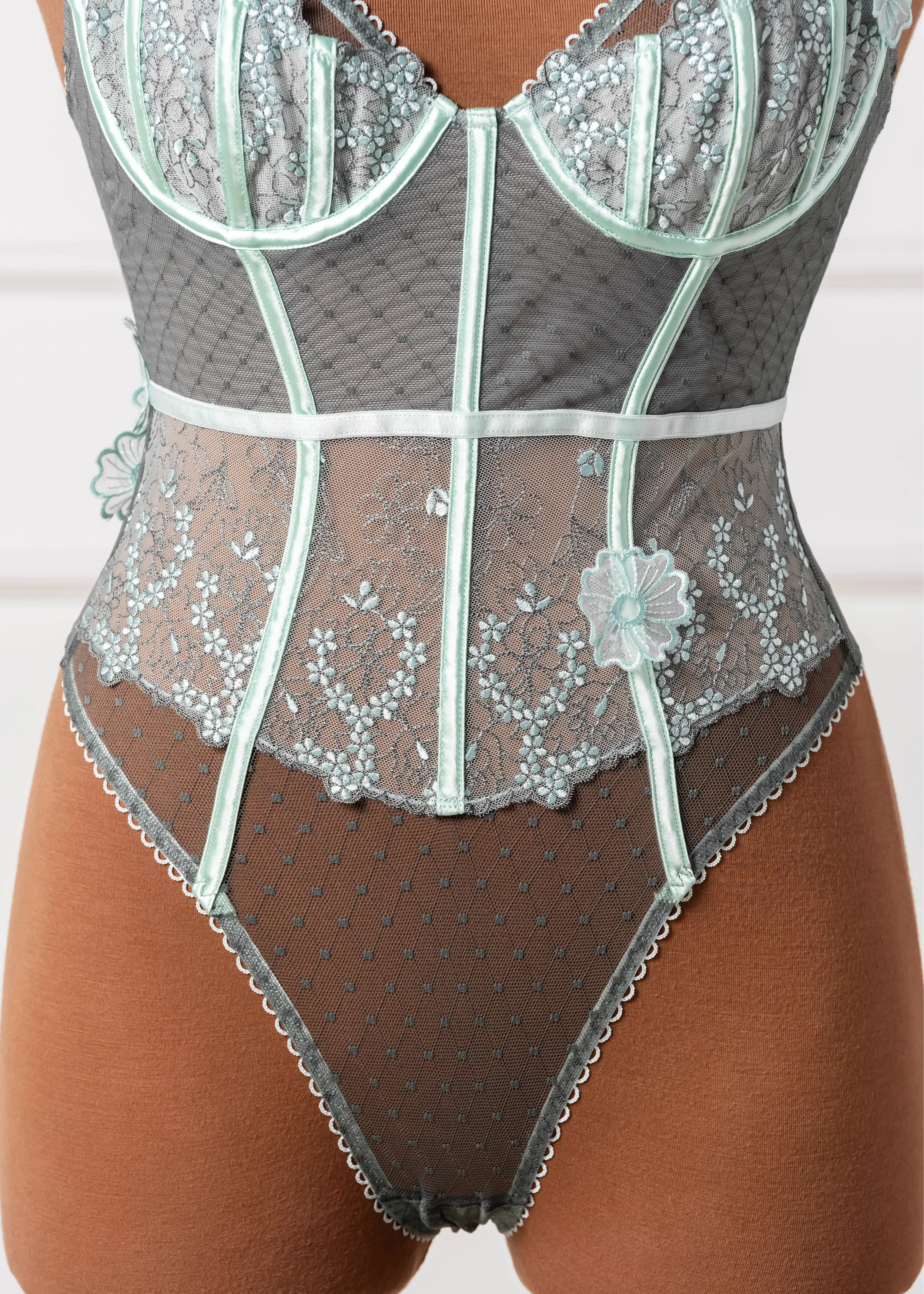Embroidered Appliqué Crotchless Teddy - Mint Julep