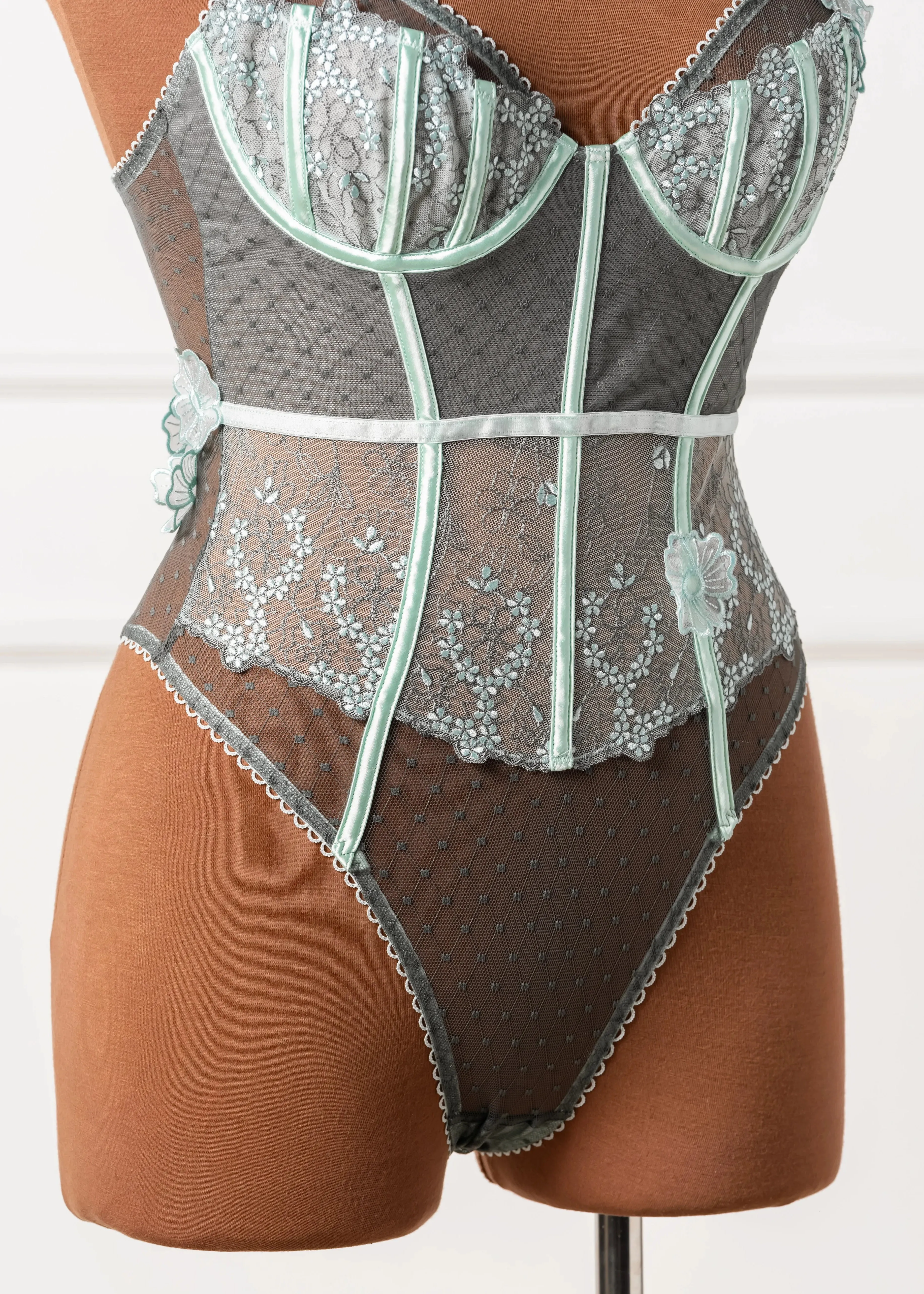 Embroidered Appliqué Crotchless Teddy - Mint Julep