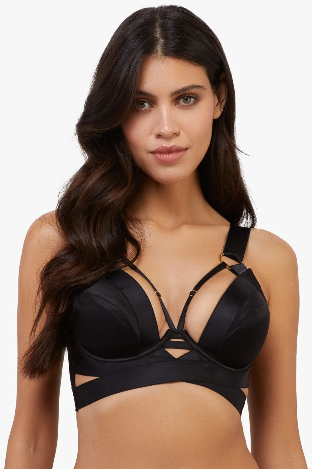 Etta Black Satin and Mesh Longline Padded Plunge Bra