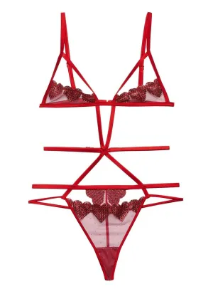 Heart Embroidery Ouvert Bodysuit (Rouge)