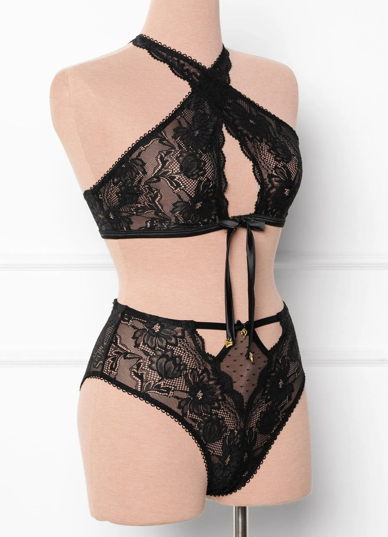 High Waist Lace Up Crotchless Panty - Black