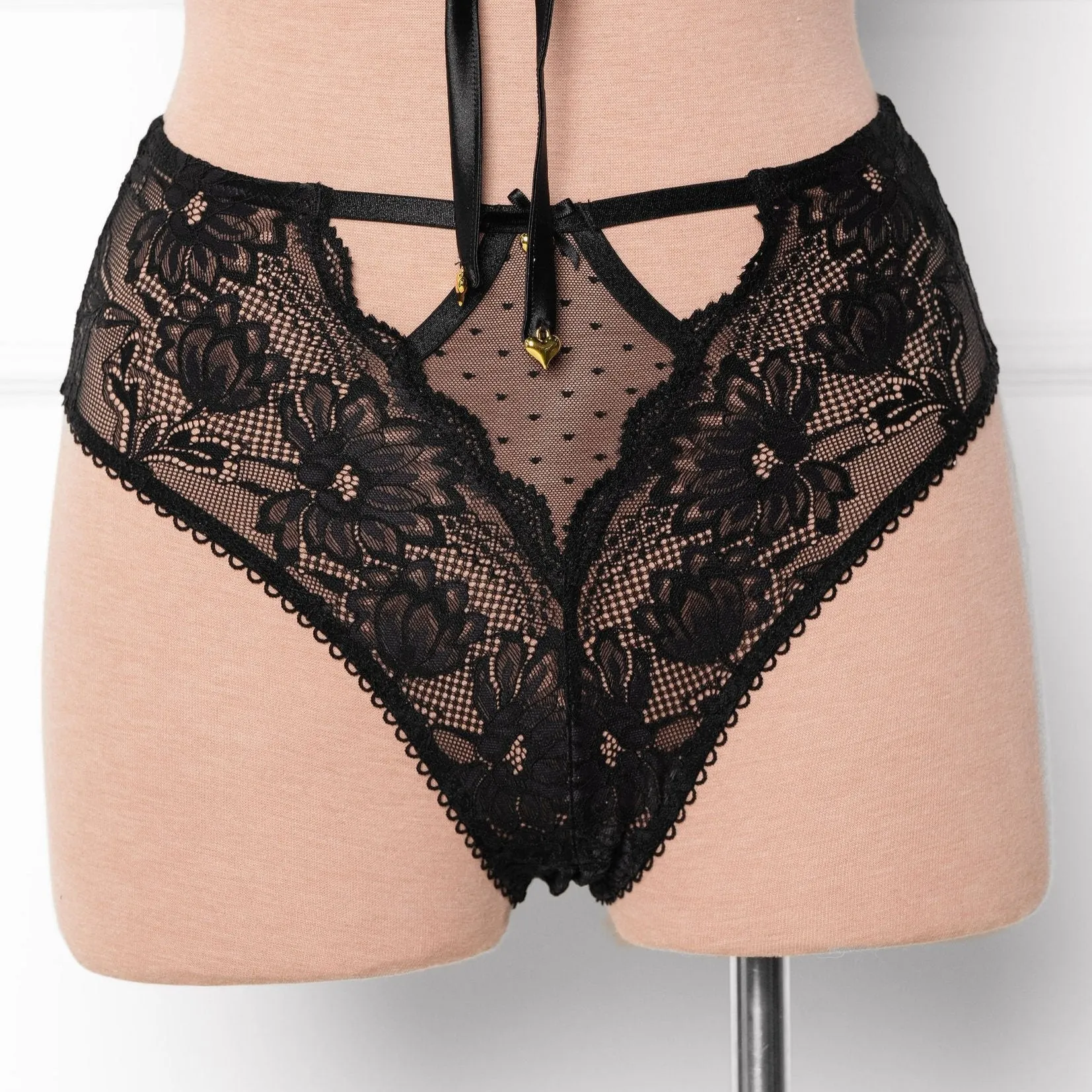 High Waist Lace Up Crotchless Panty - Black