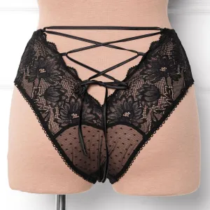 High Waist Lace Up Crotchless Panty - Black