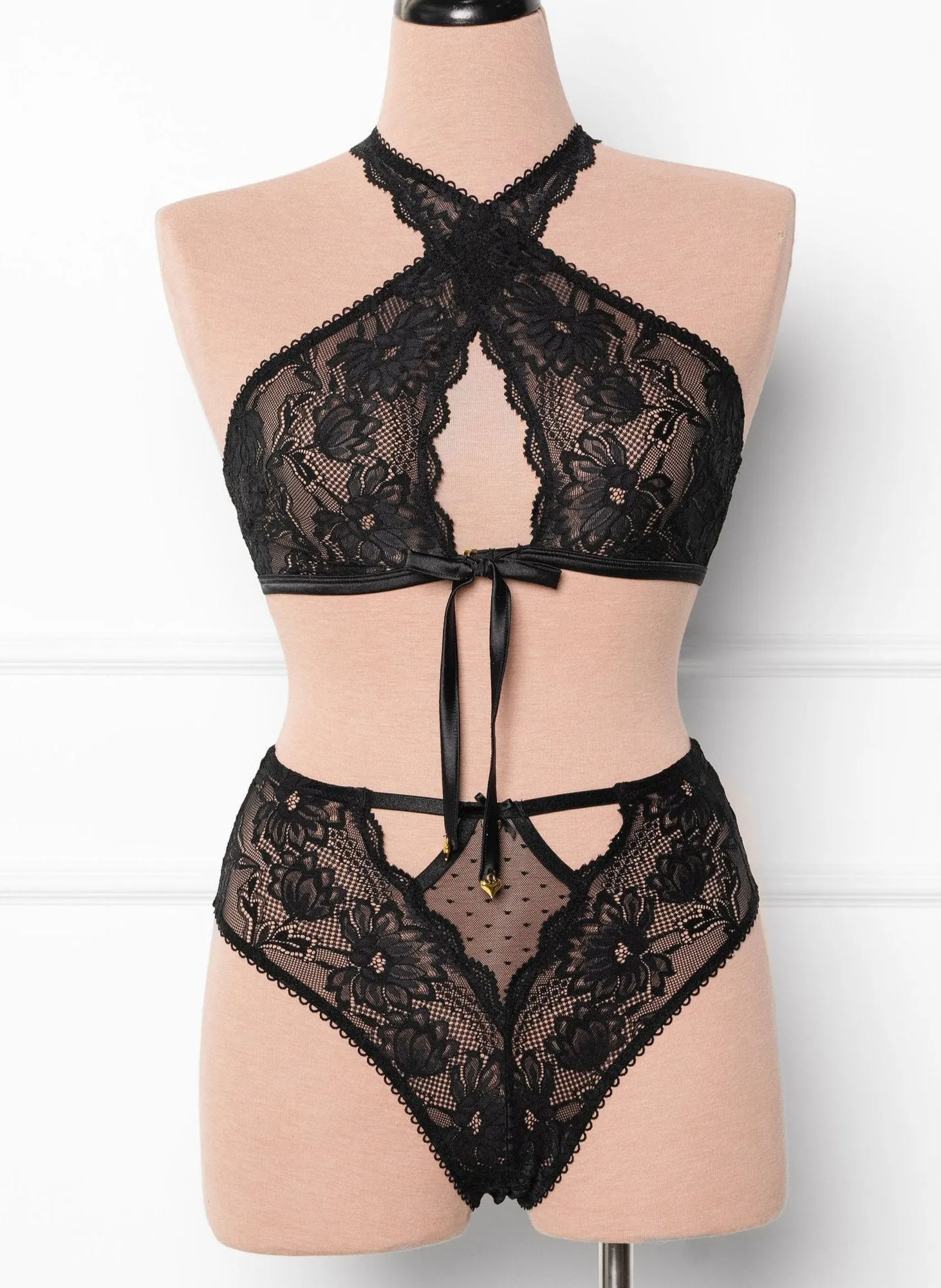 High Waist Lace Up Crotchless Panty - Black