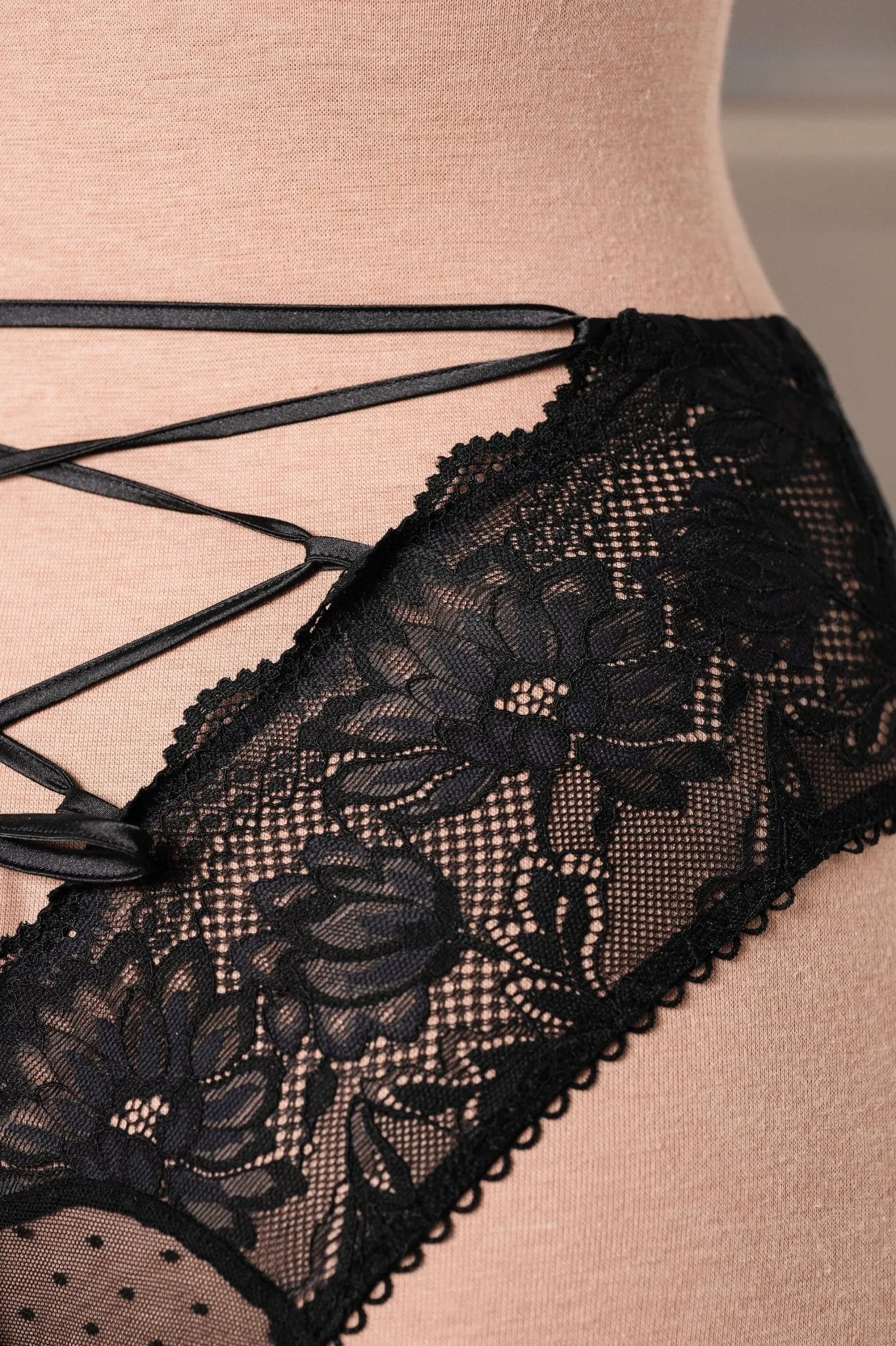 High Waist Lace Up Crotchless Panty - Black