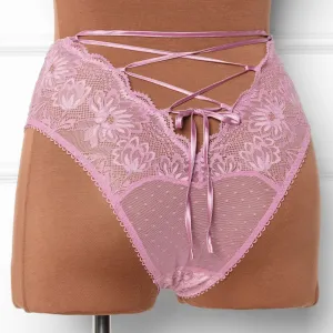High Waist Lace Up Crotchless Panty - Lilac