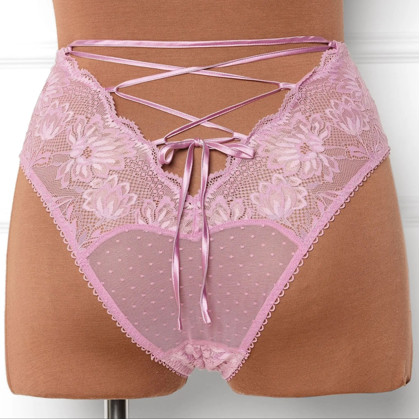 High Waist Lace Up Crotchless Panty - Lilac