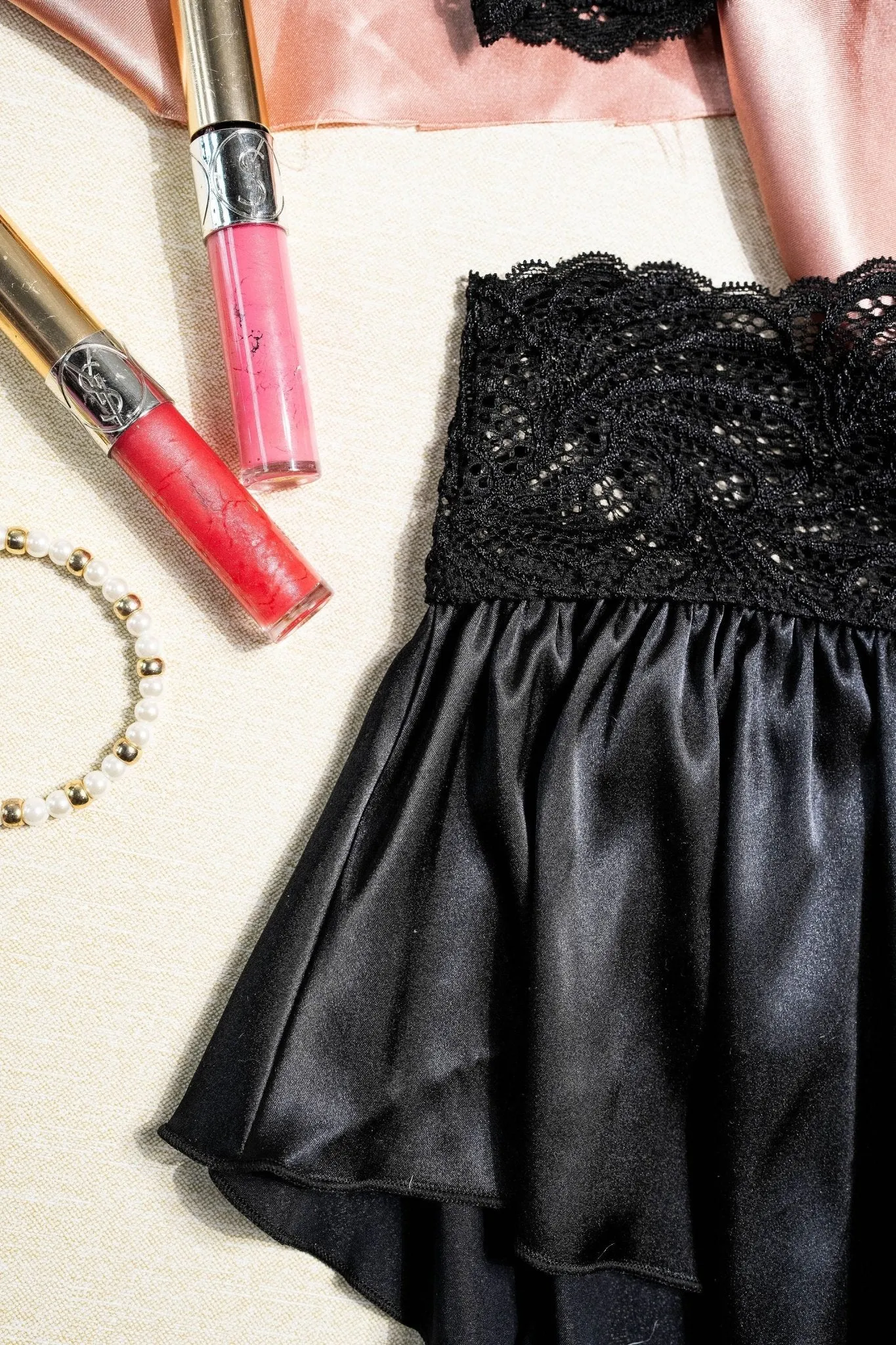 High Waist Lacy Satin Tap Shorts - Black