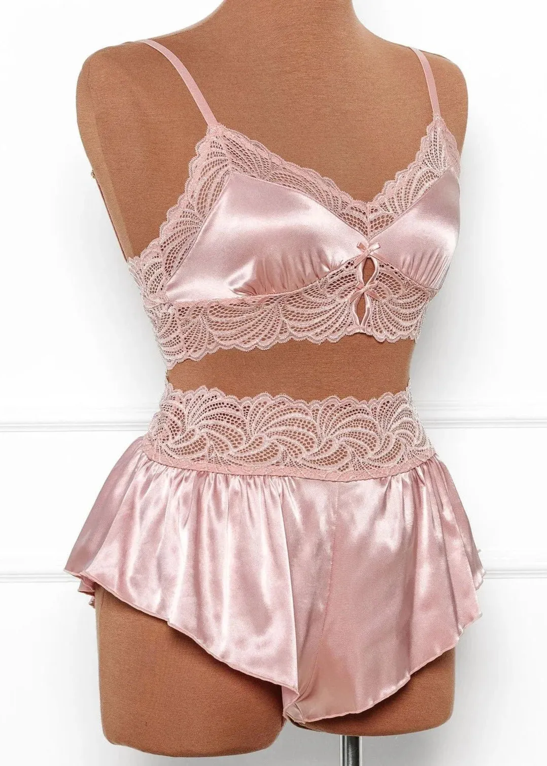 High Waist Lacy Satin Tap Shorts - Blush