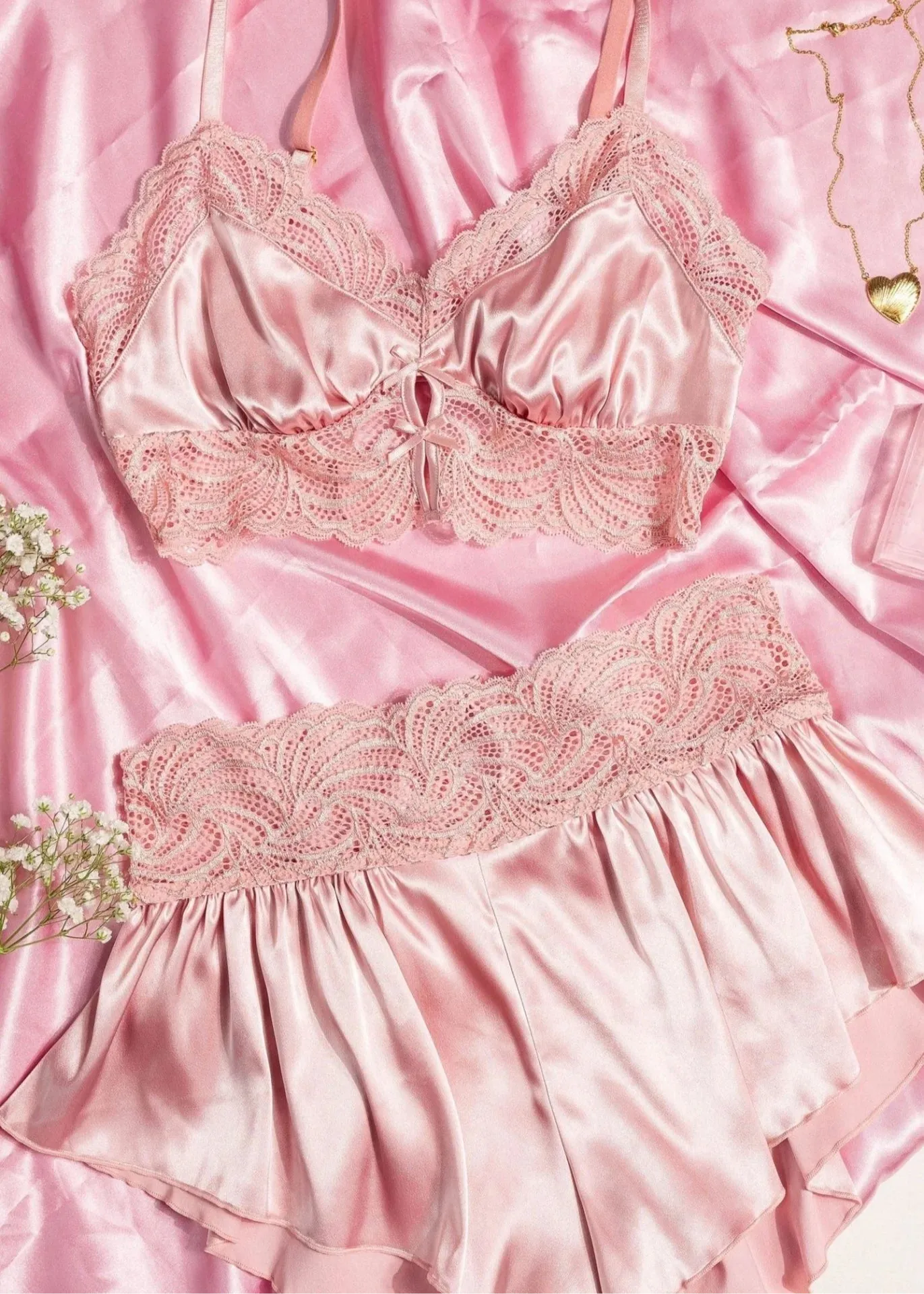 High Waist Lacy Satin Tap Shorts - Blush