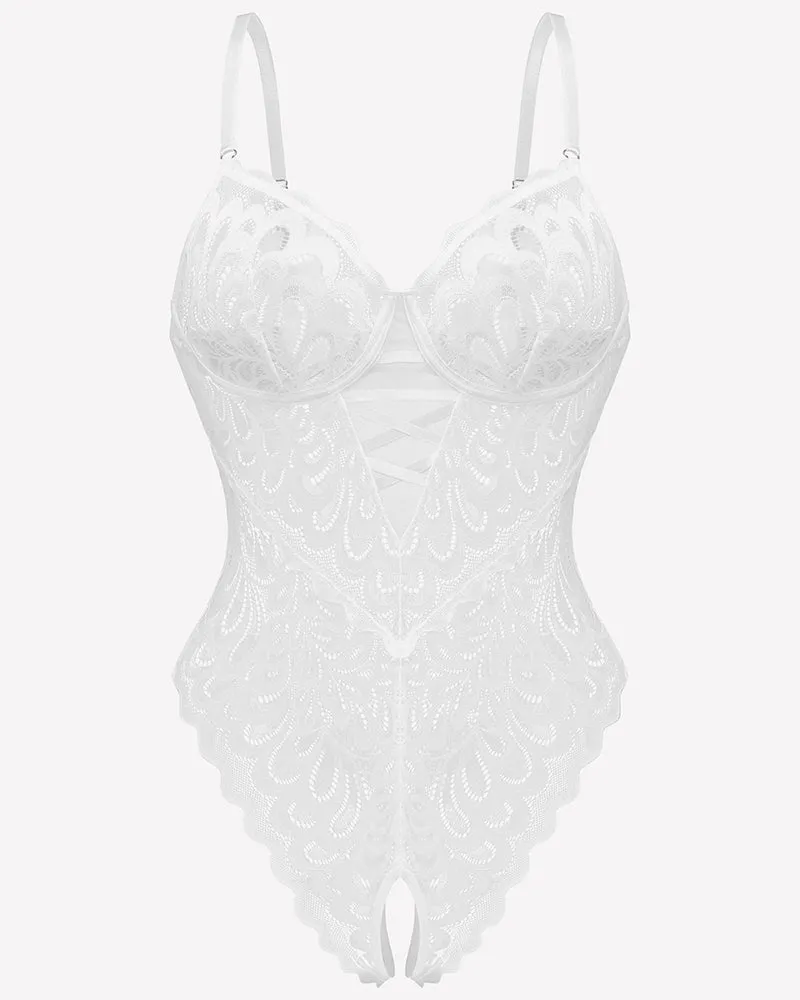 Lace deep V Teddy Crotchless Bodysuits