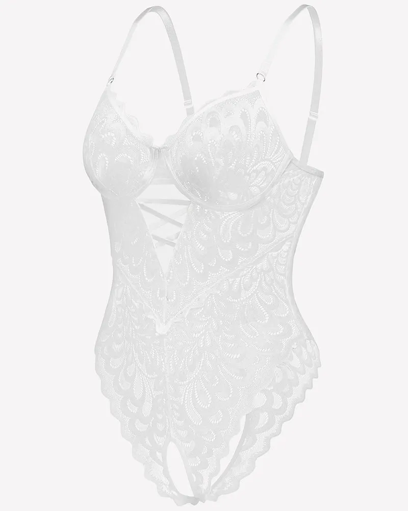 Lace deep V Teddy Crotchless Bodysuits