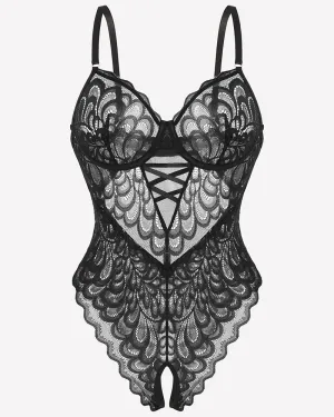 Lace deep V Teddy Crotchless Bodysuits