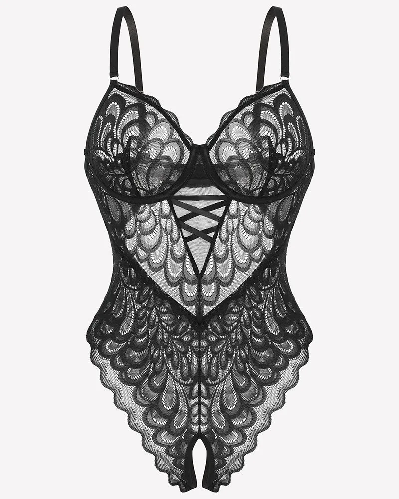 Lace deep V Teddy Crotchless Bodysuits