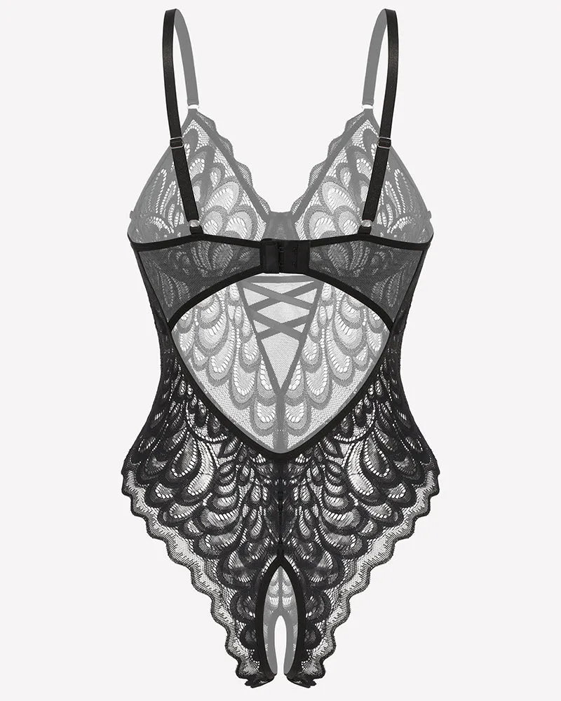 Lace deep V Teddy Crotchless Bodysuits