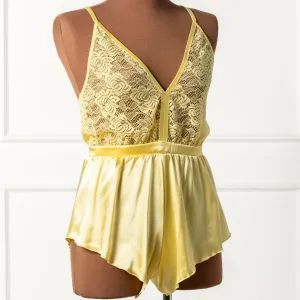 Lacy Deep Plunge Satin Romper - Lemon Chiffon