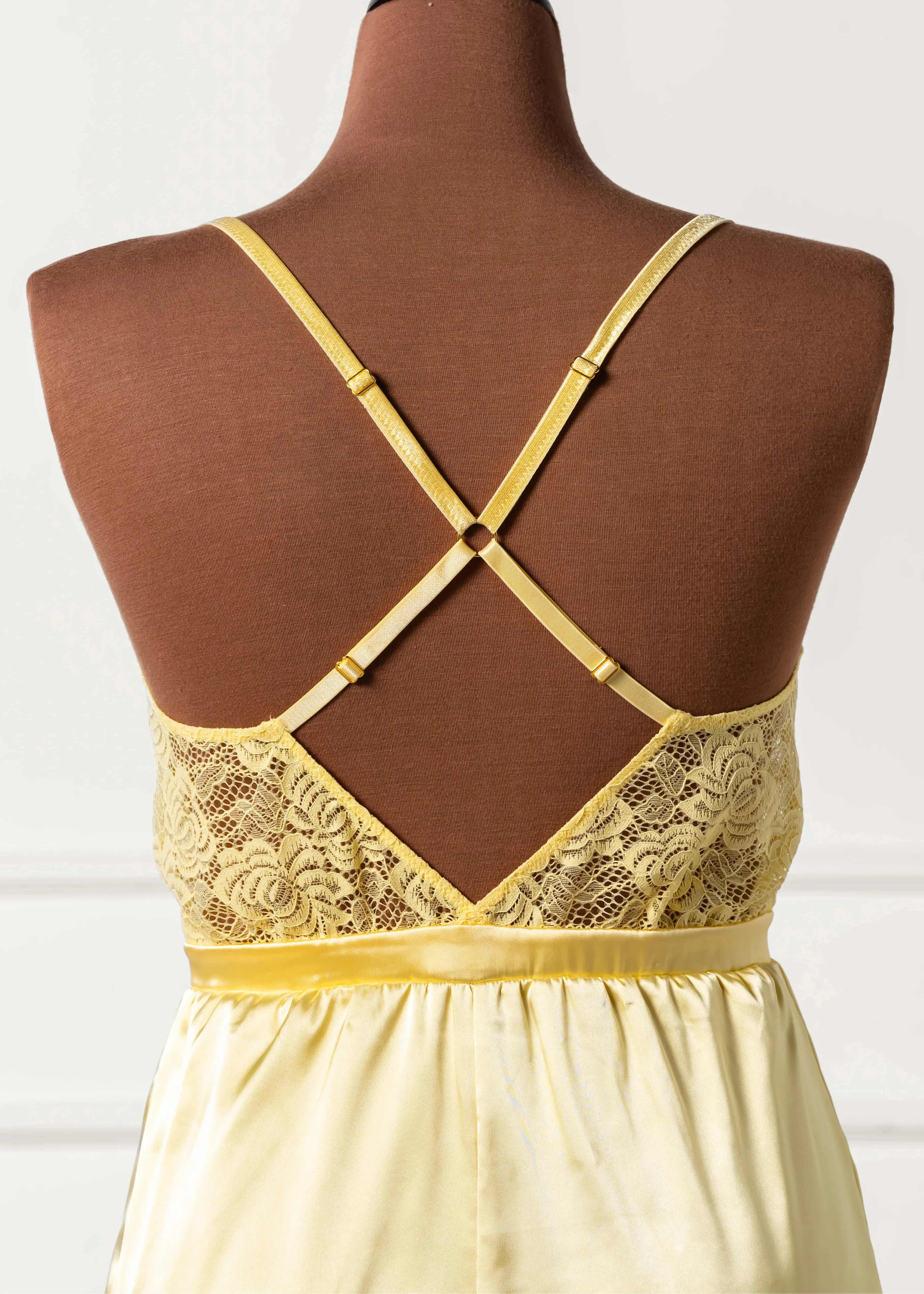 Lacy Deep Plunge Satin Romper - Lemon Chiffon