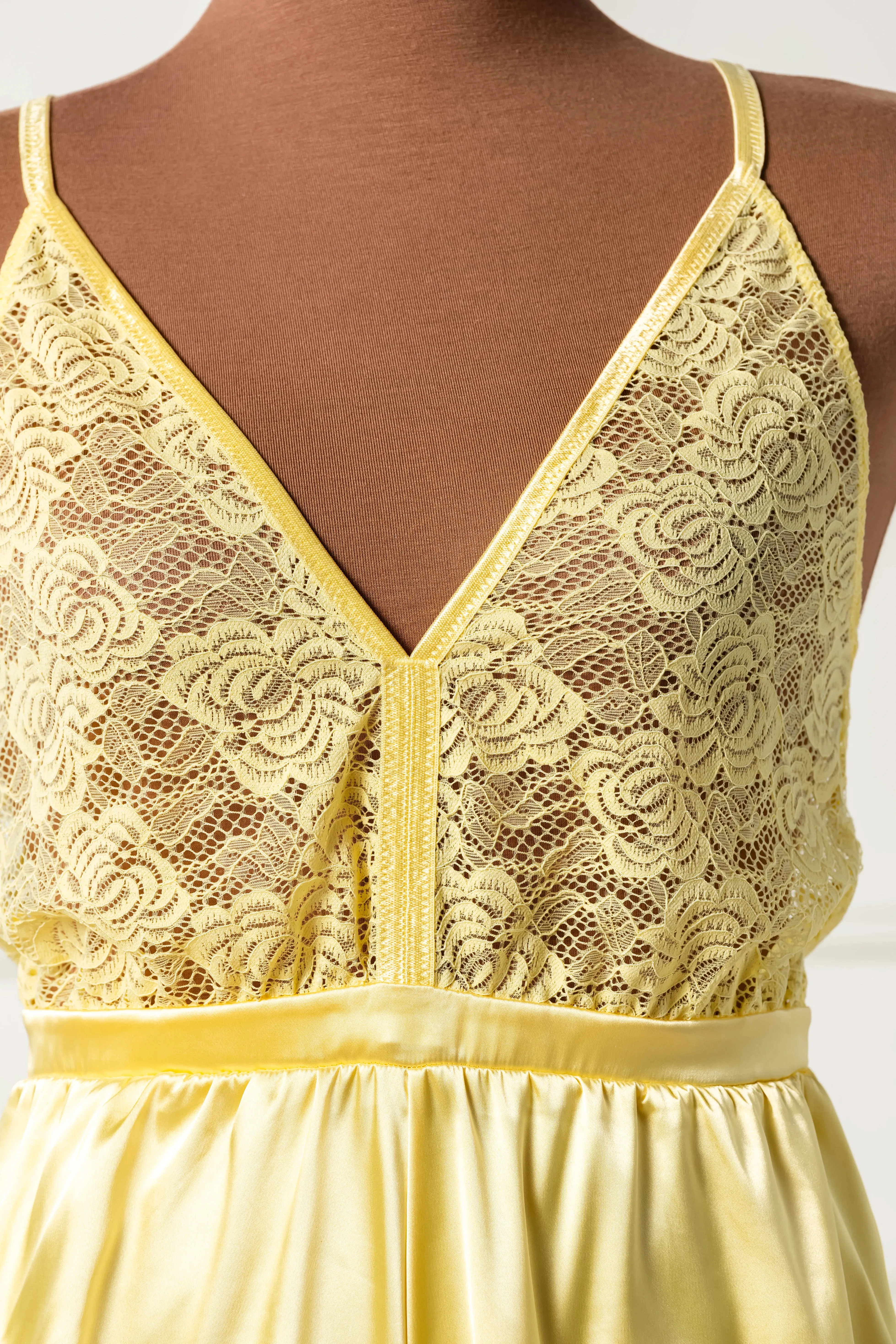 Lacy Deep Plunge Satin Romper - Lemon Chiffon