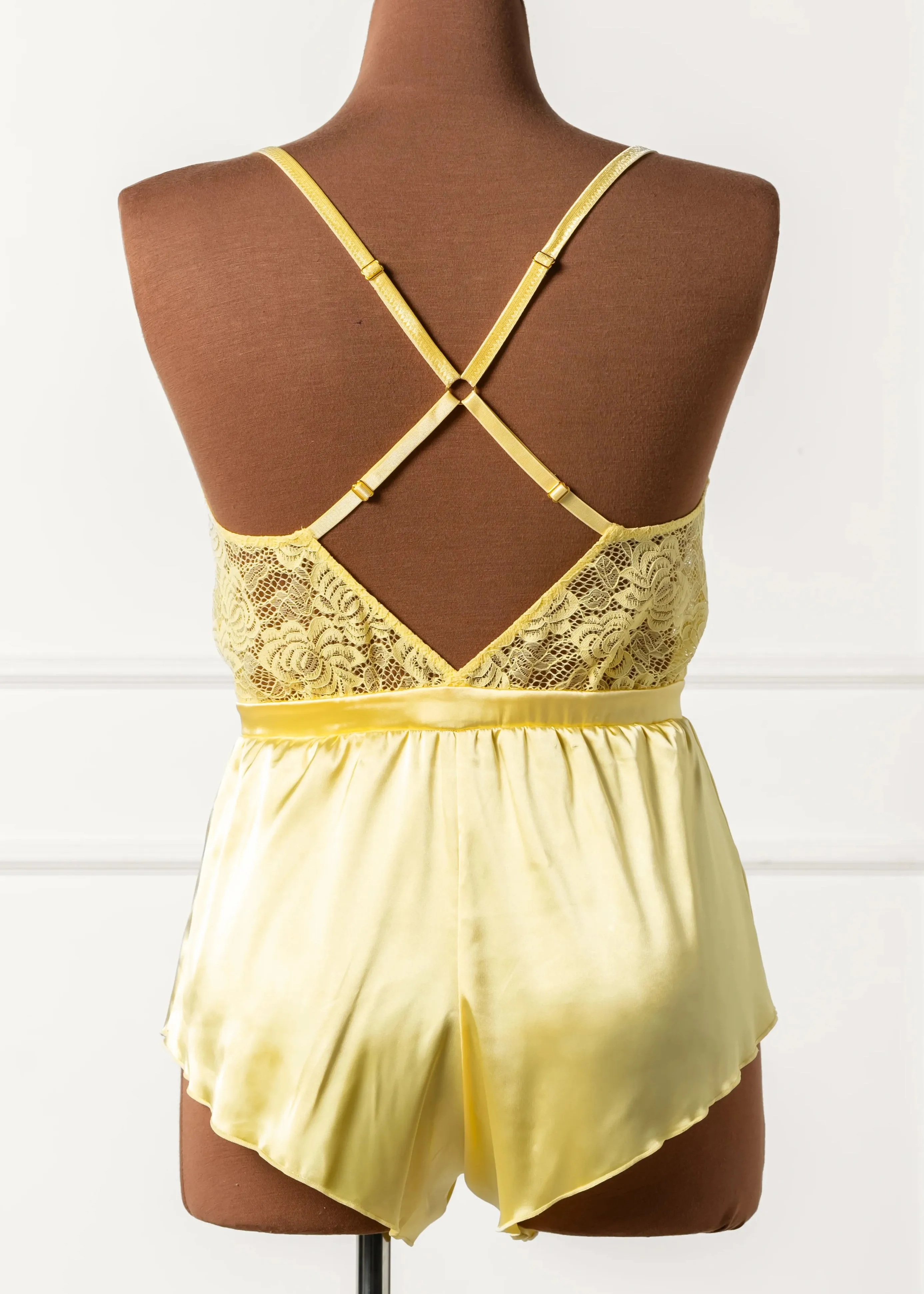 Lacy Deep Plunge Satin Romper - Lemon Chiffon