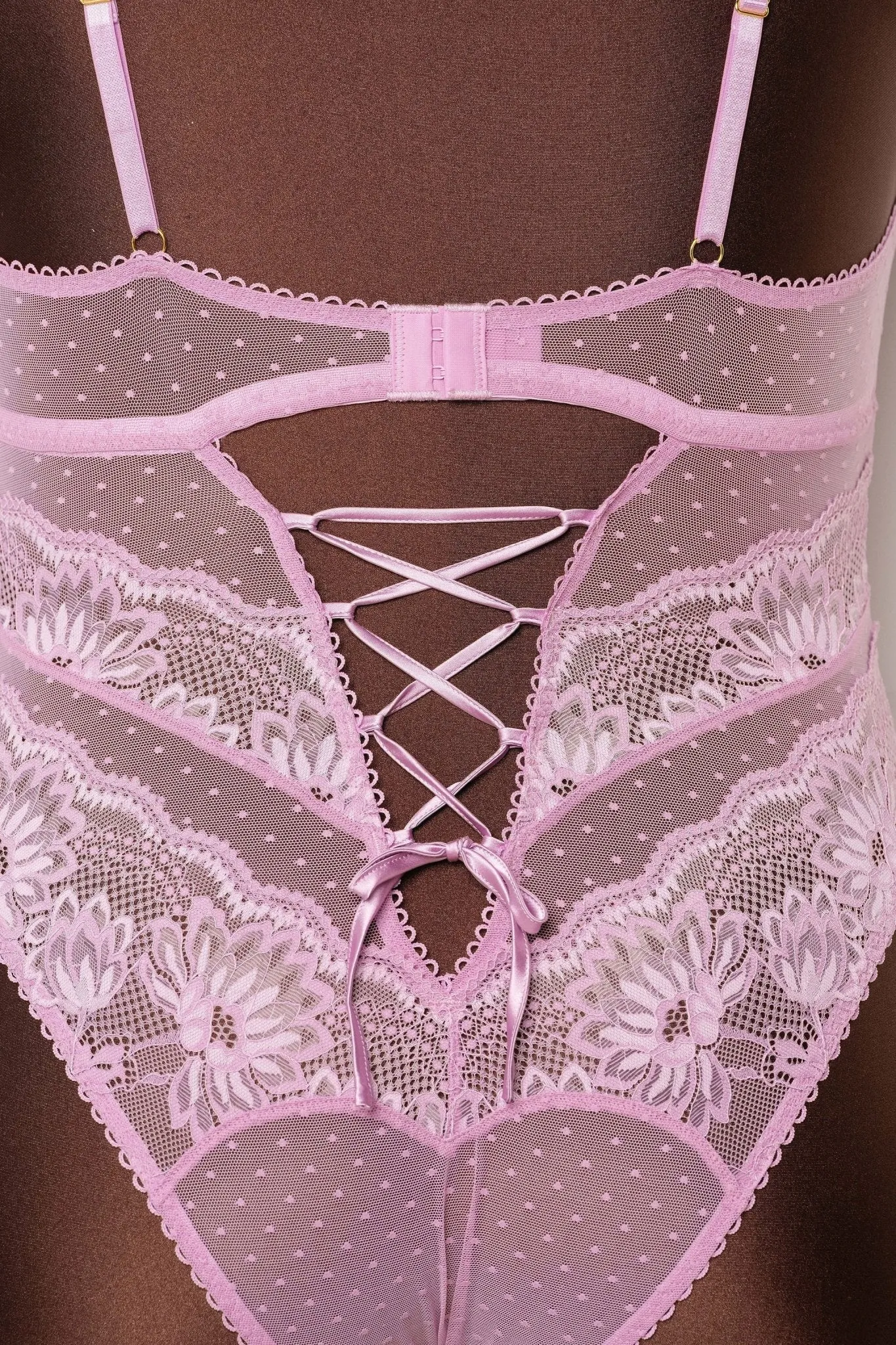 Lacy High Leg Crotchless Teddy - Lilac