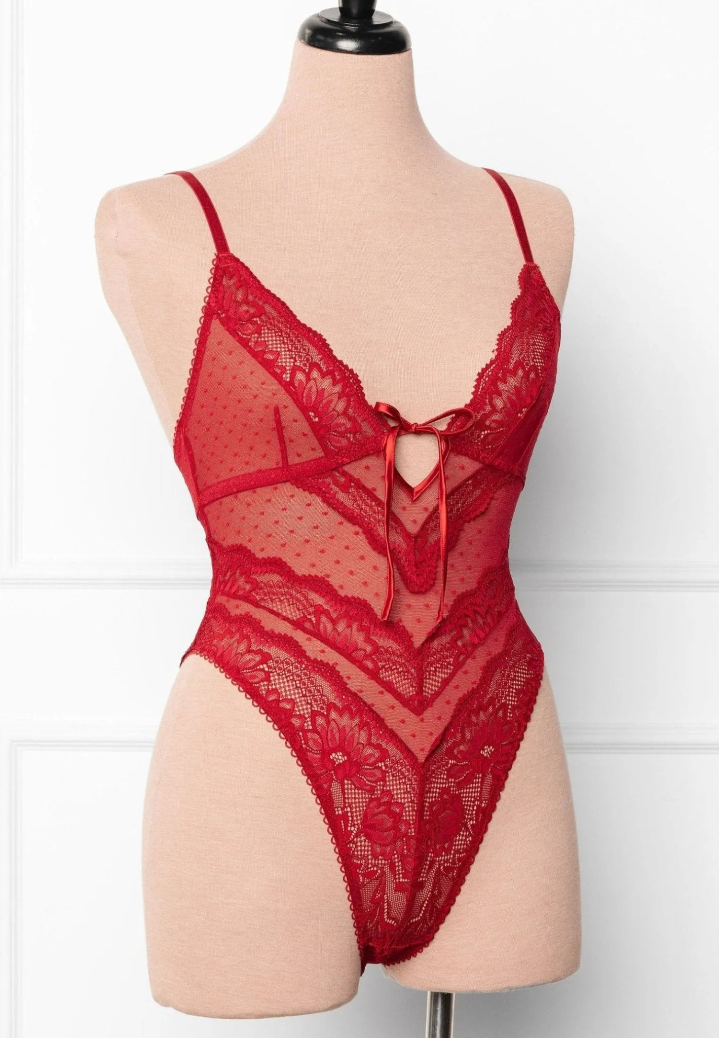 Lacy High Leg Crotchless Teddy - Red
