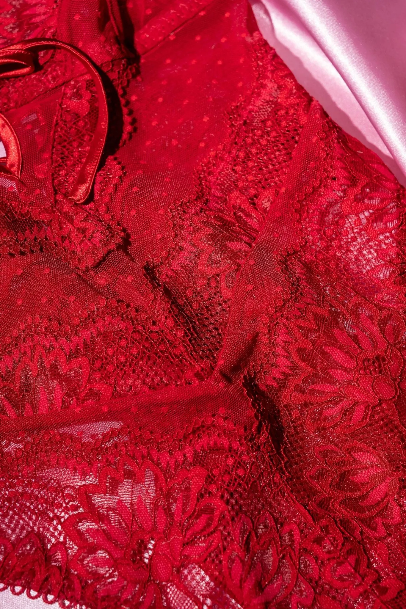 Lacy High Leg Crotchless Teddy - Red