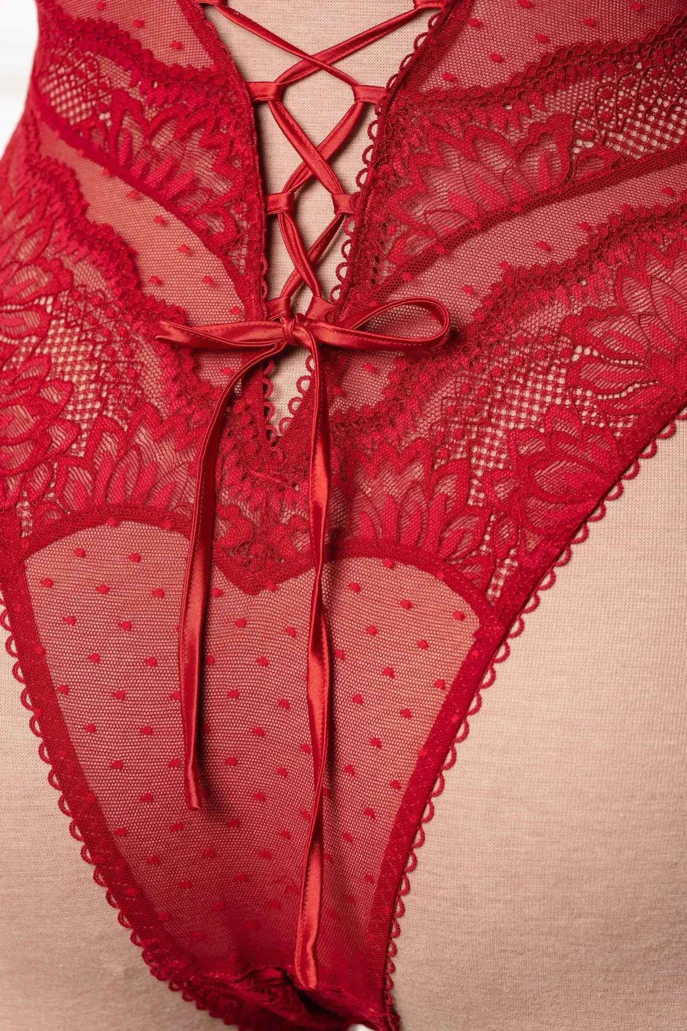 Lacy High Leg Crotchless Teddy - Red