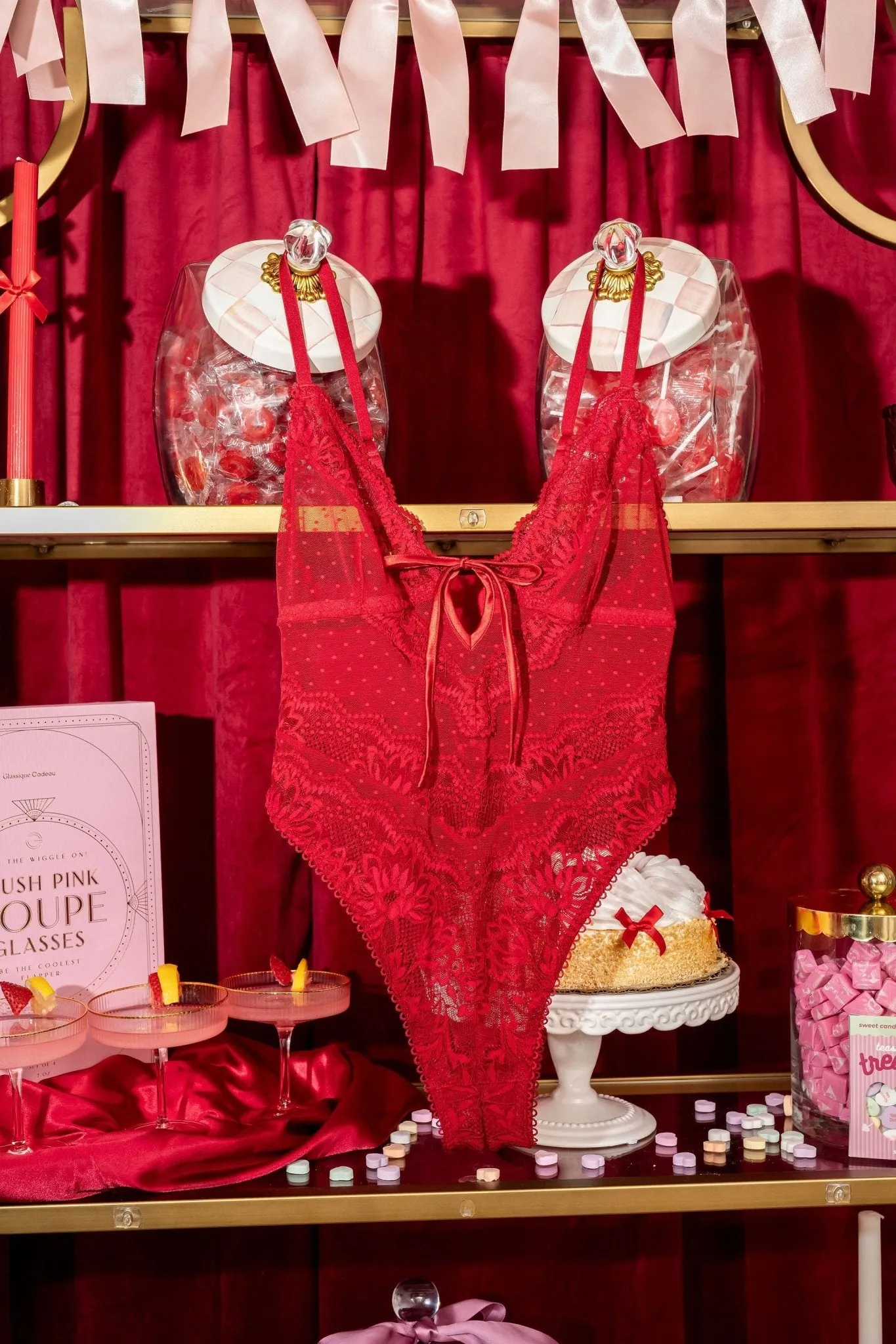 Lacy High Leg Crotchless Teddy - Red