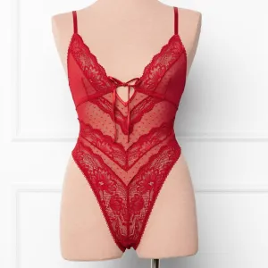 Lacy High Leg Crotchless Teddy - Red