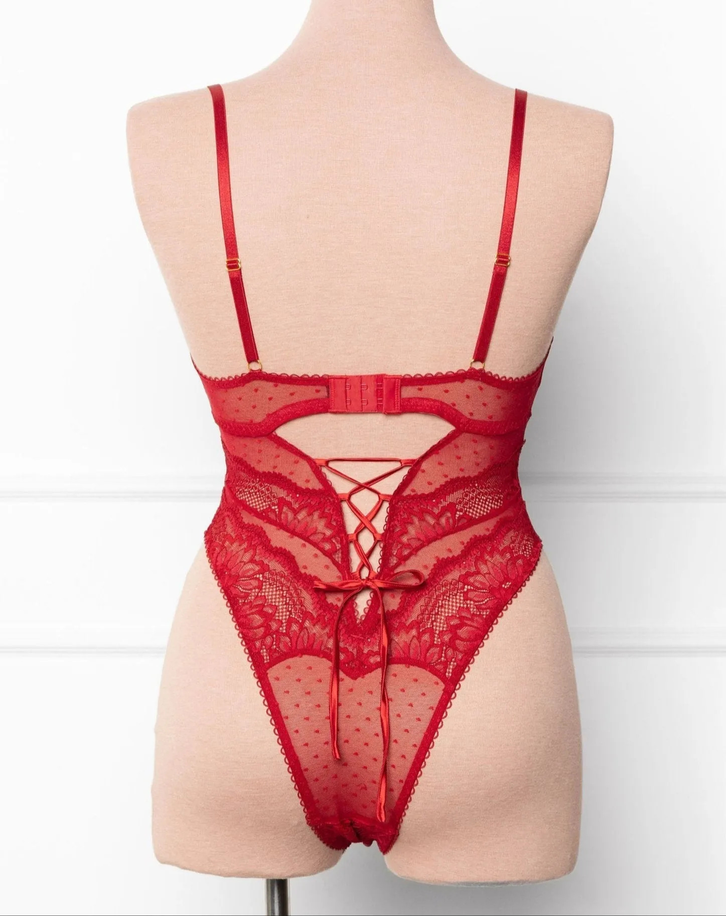 Lacy High Leg Crotchless Teddy - Red