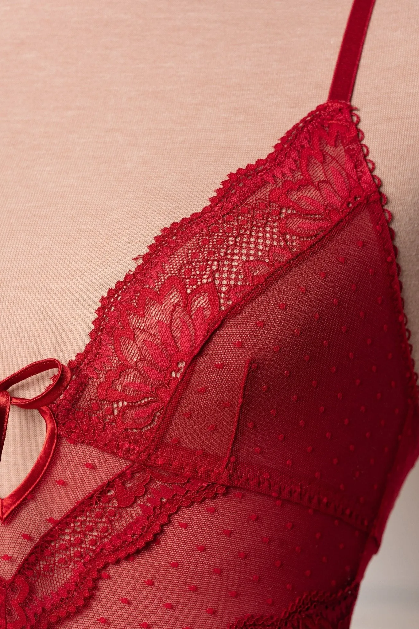 Lacy High Leg Crotchless Teddy - Red