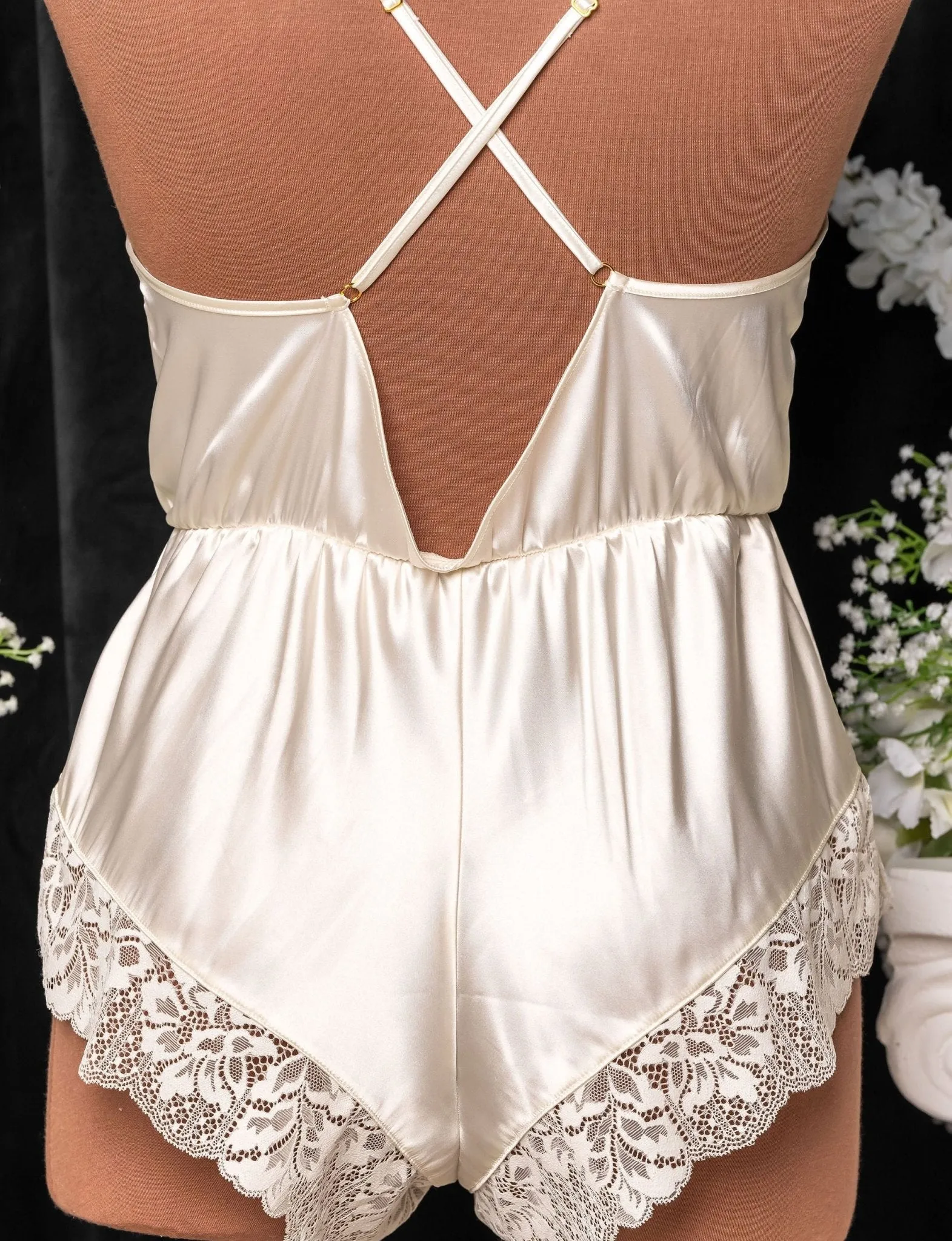 Lacy Plunge Satin Romper - Pearl