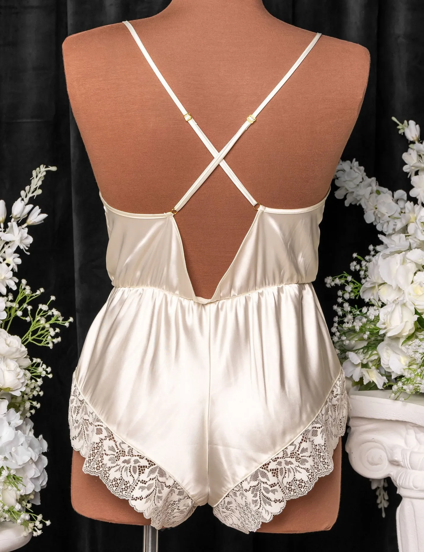 Lacy Plunge Satin Romper - Pearl
