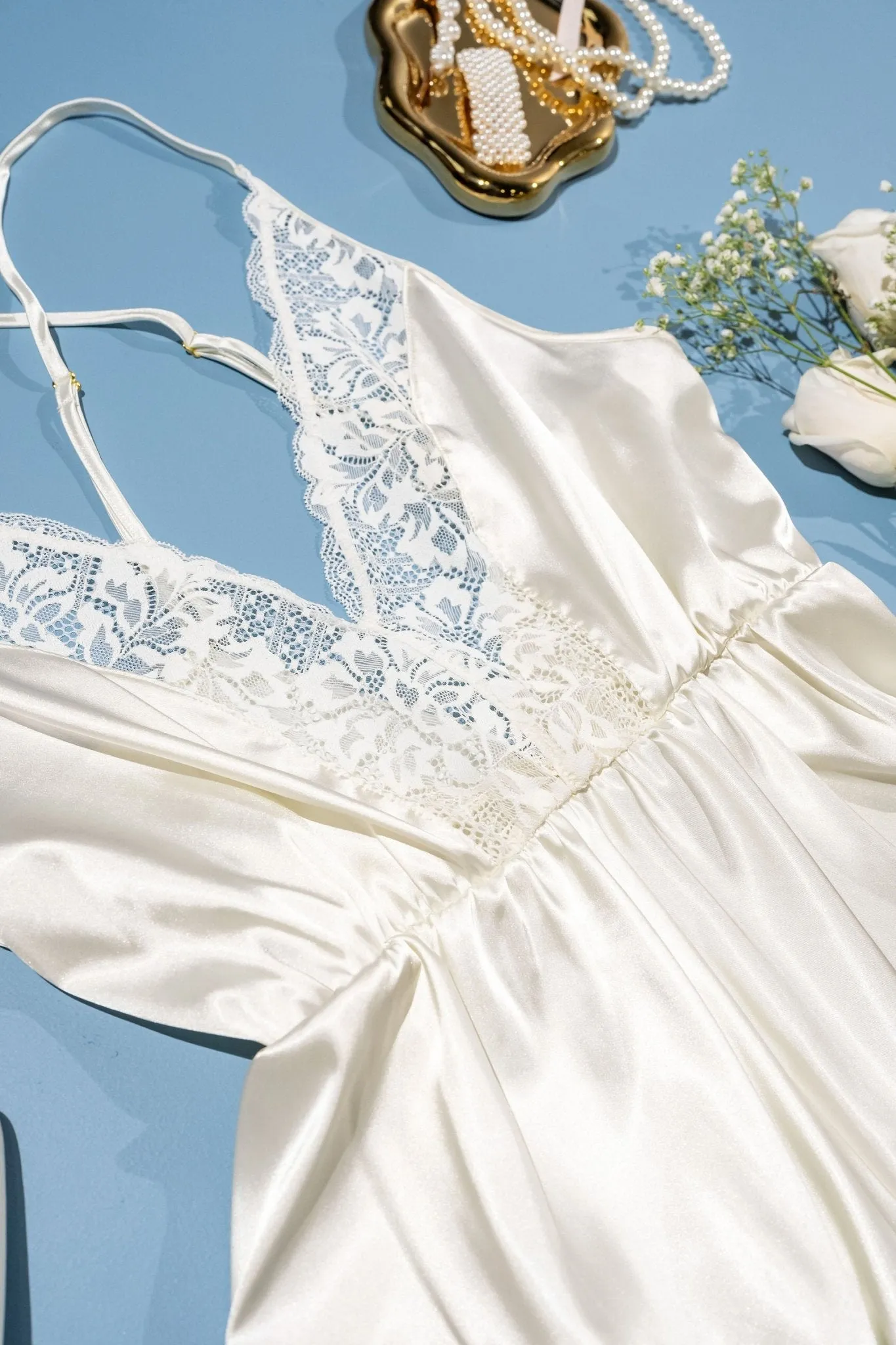 Lacy Plunge Satin Romper - Pearl