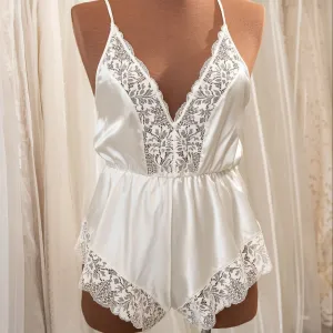 Lacy Plunge Satin Romper - Pearl